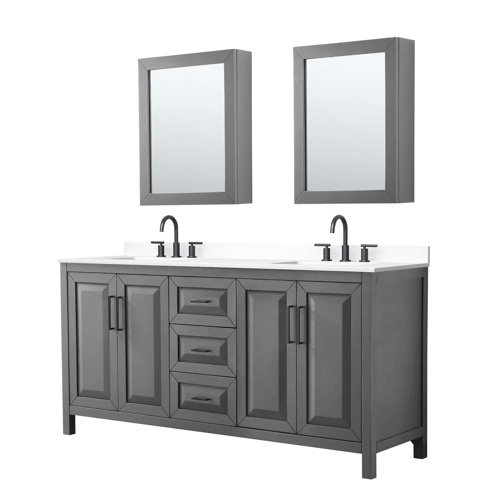 72" Daria Double Bathroom Vanity in Dark Gray with Matte Black Trim & Medicine Cabinet by Wyndham