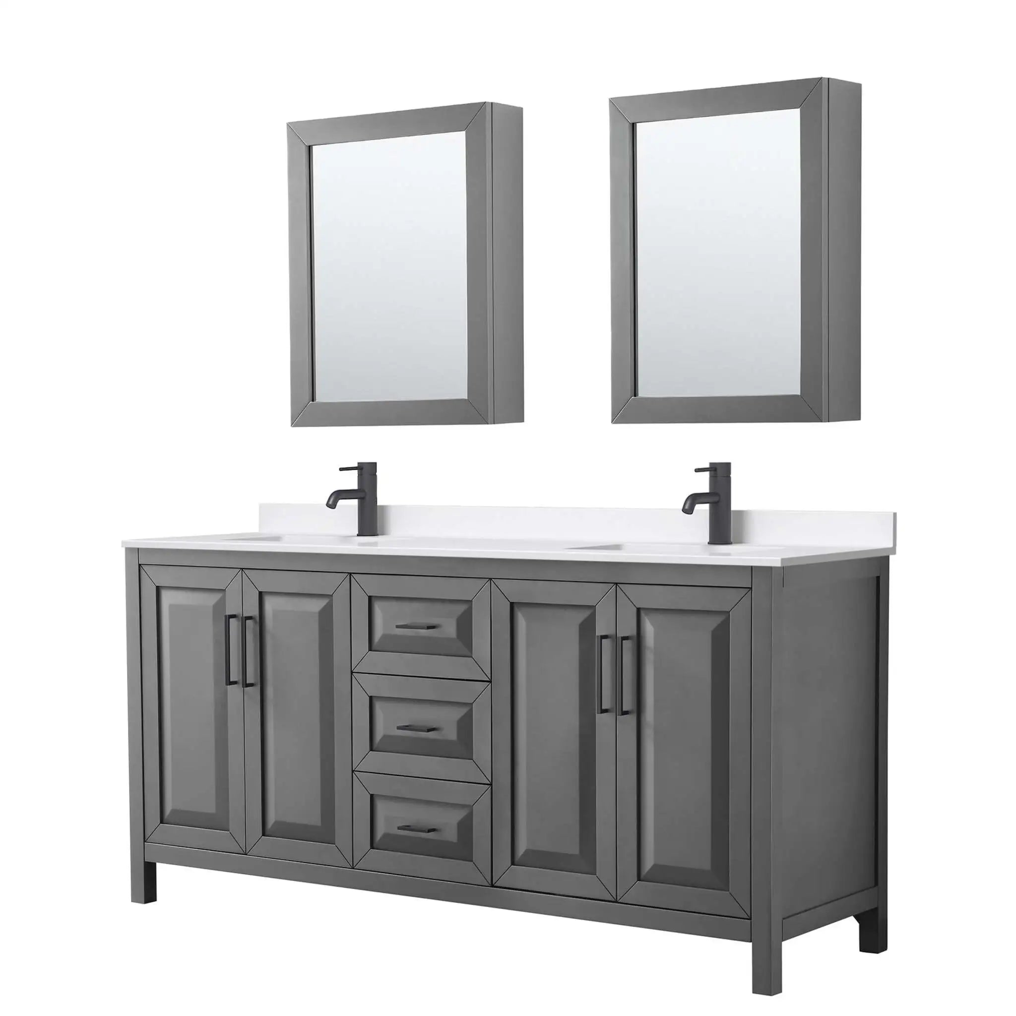 72" Daria Double Bathroom Vanity in Dark Gray with Matte Black Trim & Medicine Cabinet by Wyndham