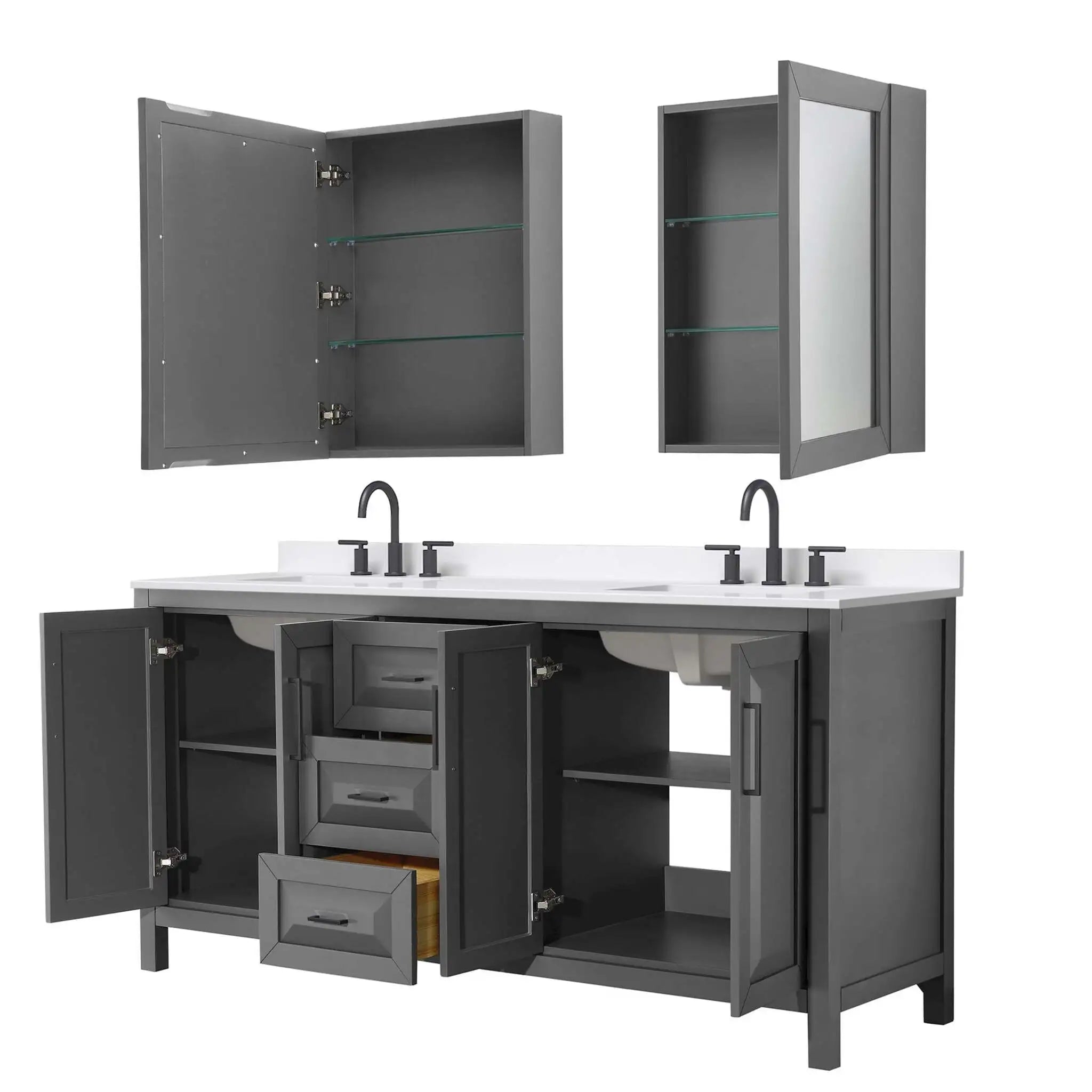 72" Daria Double Bathroom Vanity in Dark Gray with Matte Black Trim & Medicine Cabinet by Wyndham