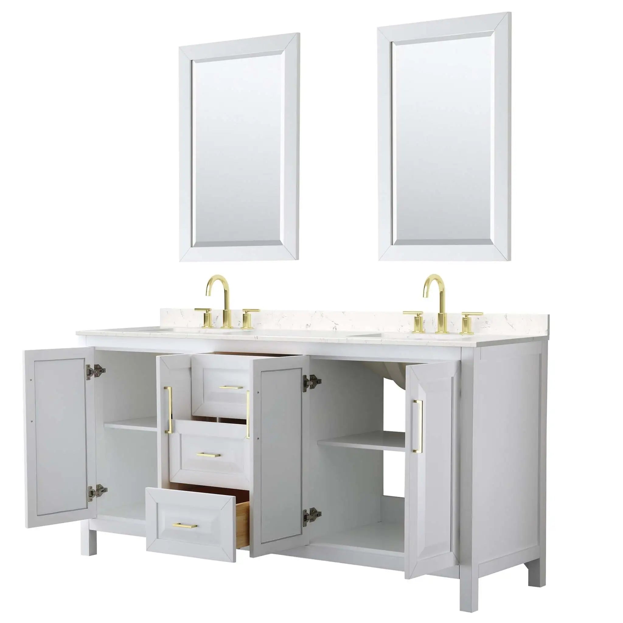72" Daria Double Bathroom Vanity in White with Brushed Gold Trim & 24" Mirror by Wyndham