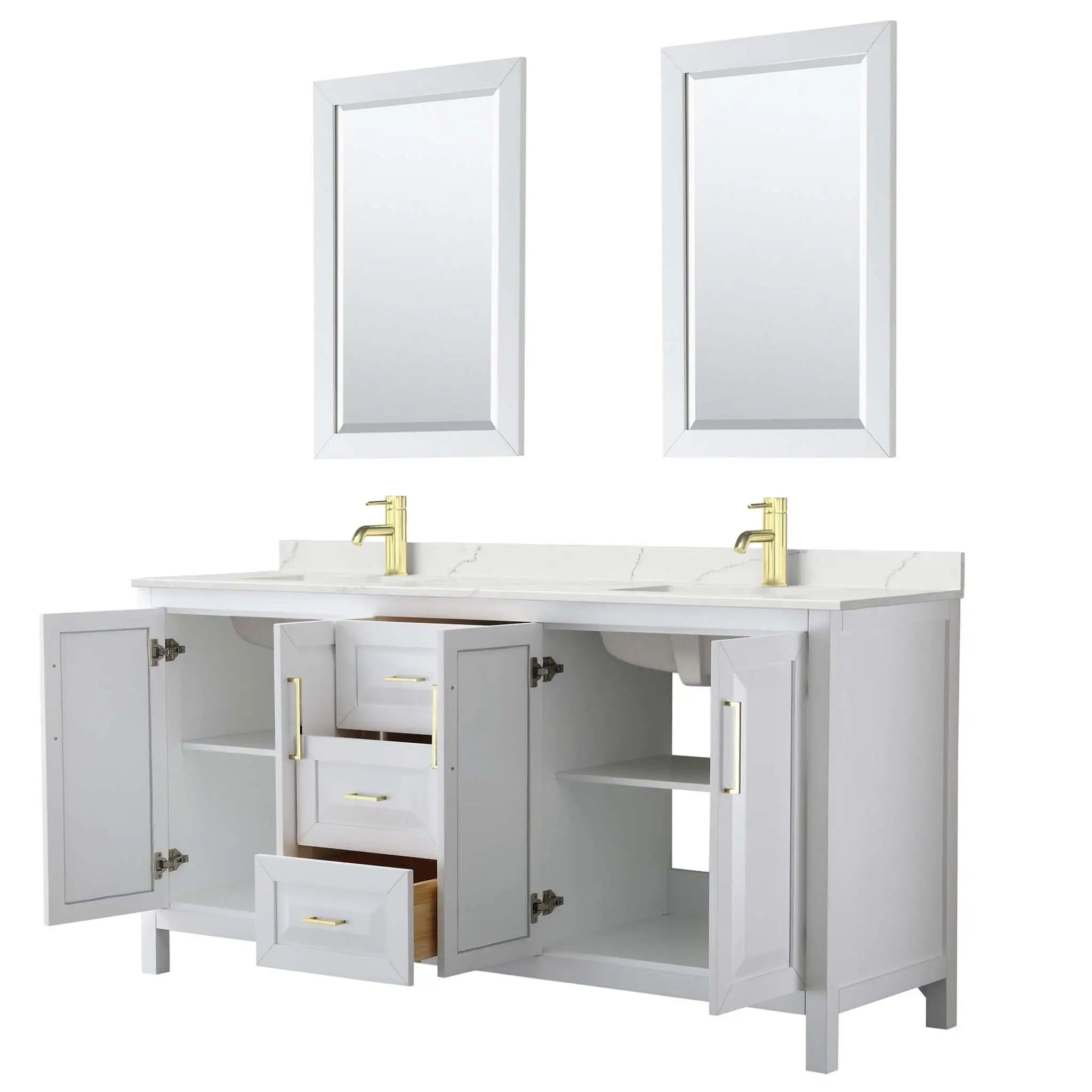 72" Daria Double Bathroom Vanity in White with Brushed Gold Trim & 24" Mirror by Wyndham
