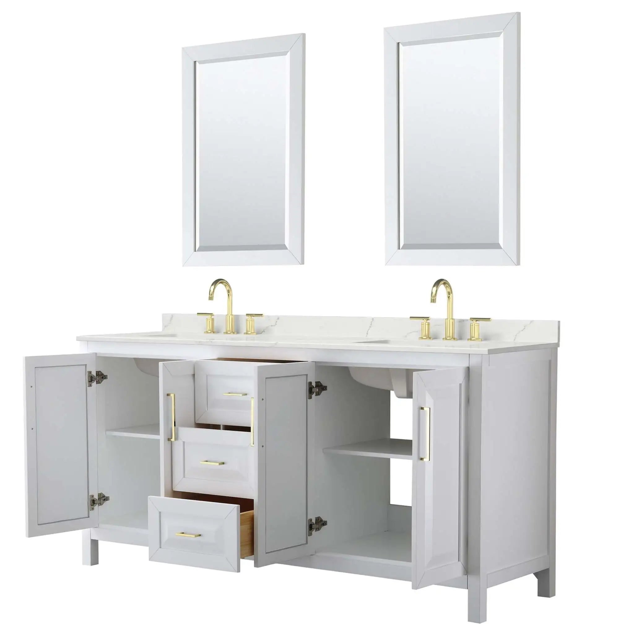 72" Daria Double Bathroom Vanity in White with Brushed Gold Trim & 24" Mirror by Wyndham
