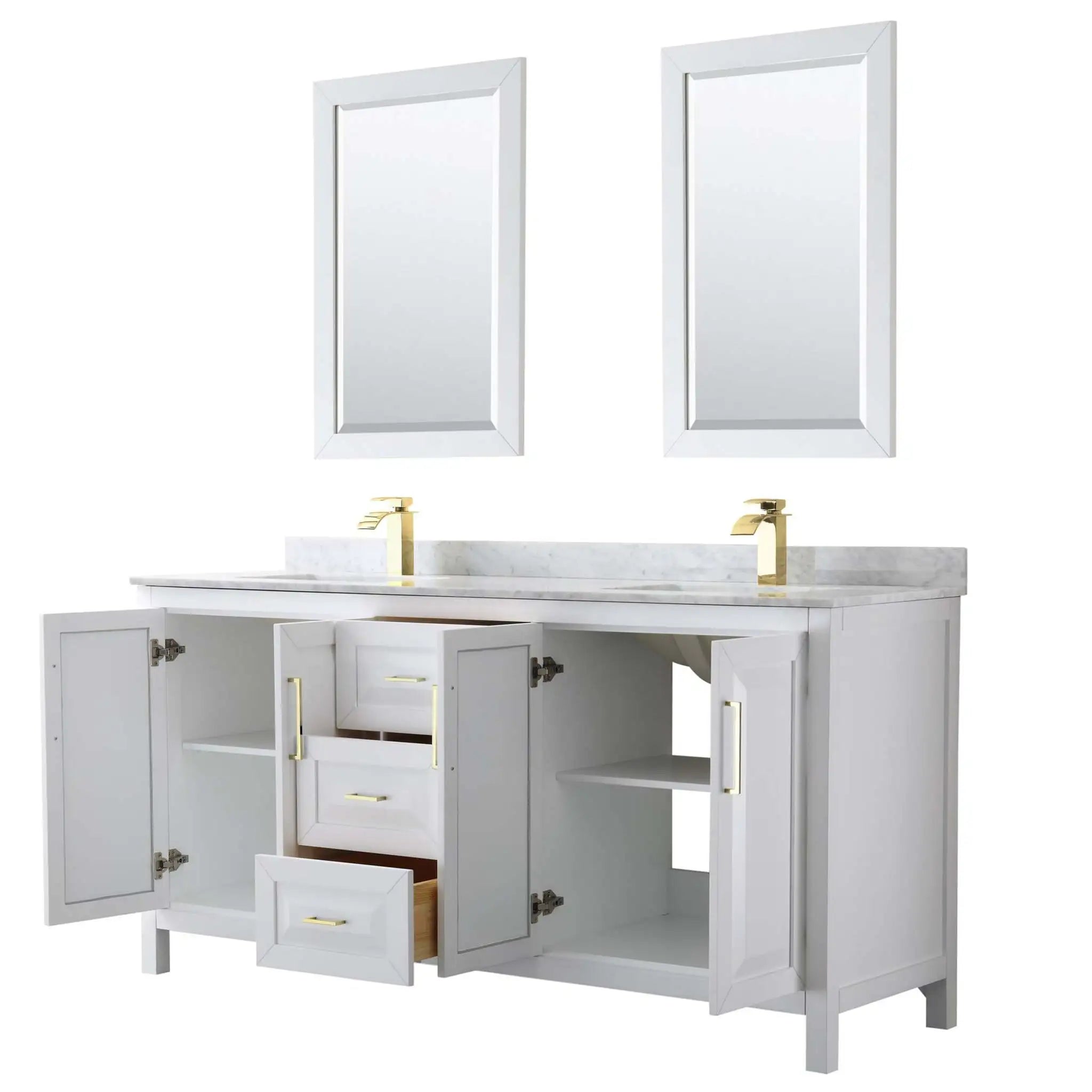 72" Daria Double Bathroom Vanity in White with Brushed Gold Trim & 24" Mirror by Wyndham