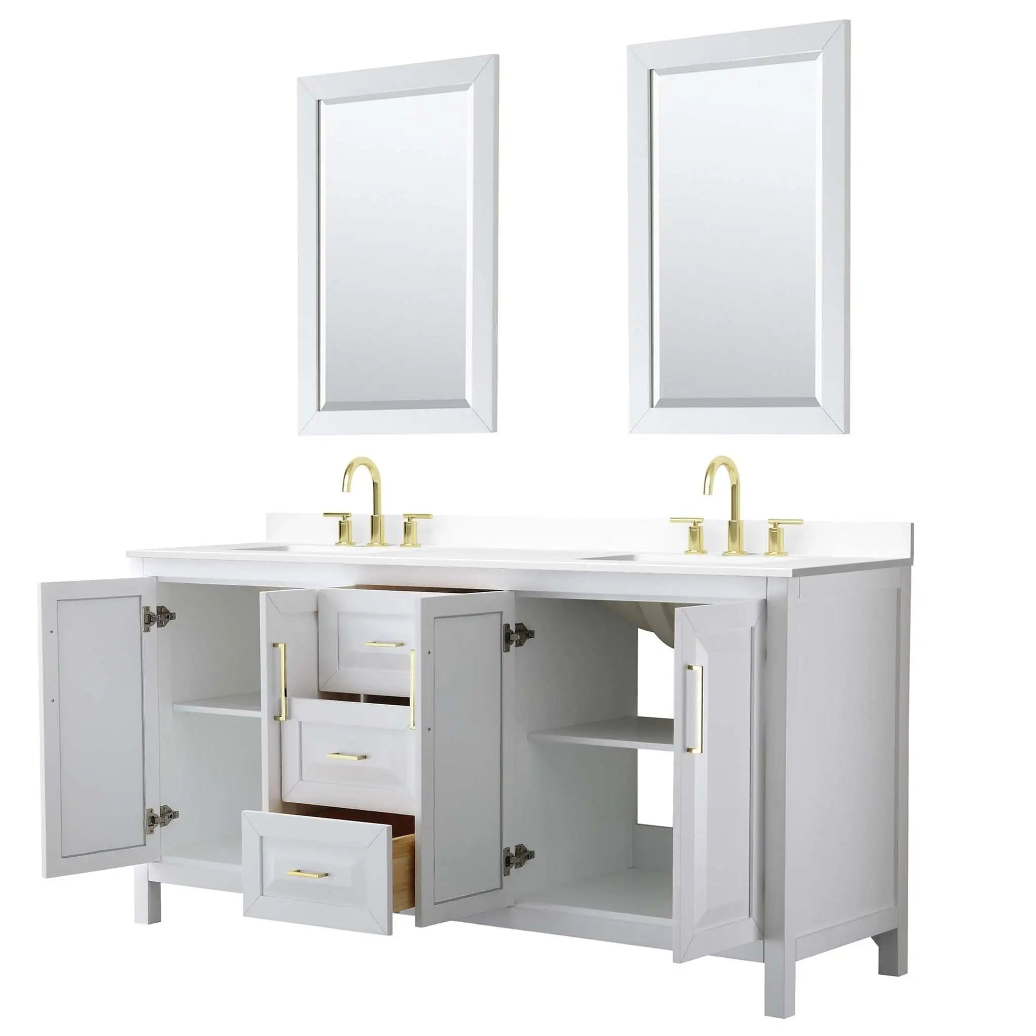 72" Daria Double Bathroom Vanity in White with Brushed Gold Trim & 24" Mirror by Wyndham