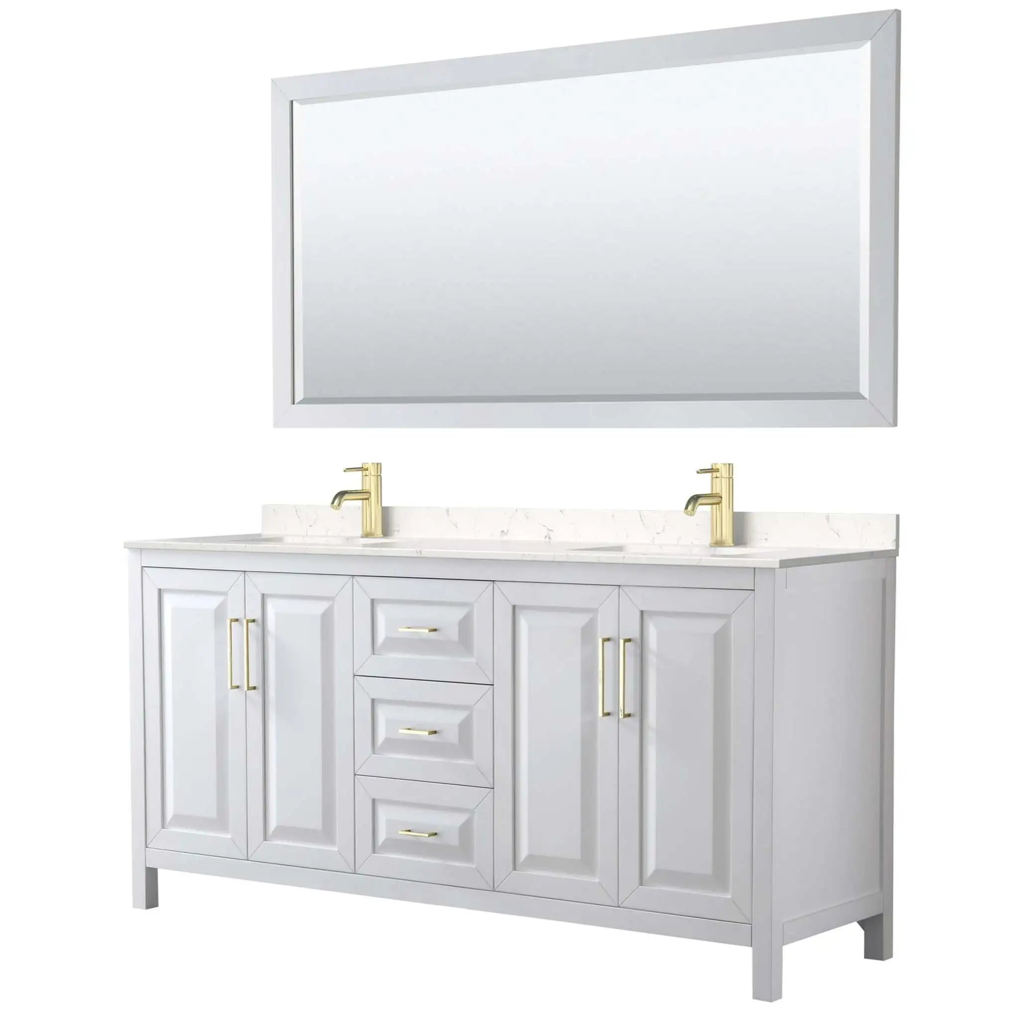 72" Daria Double Bathroom Vanity in White with Brushed Gold Trim & 70" Mirror by Wyndham