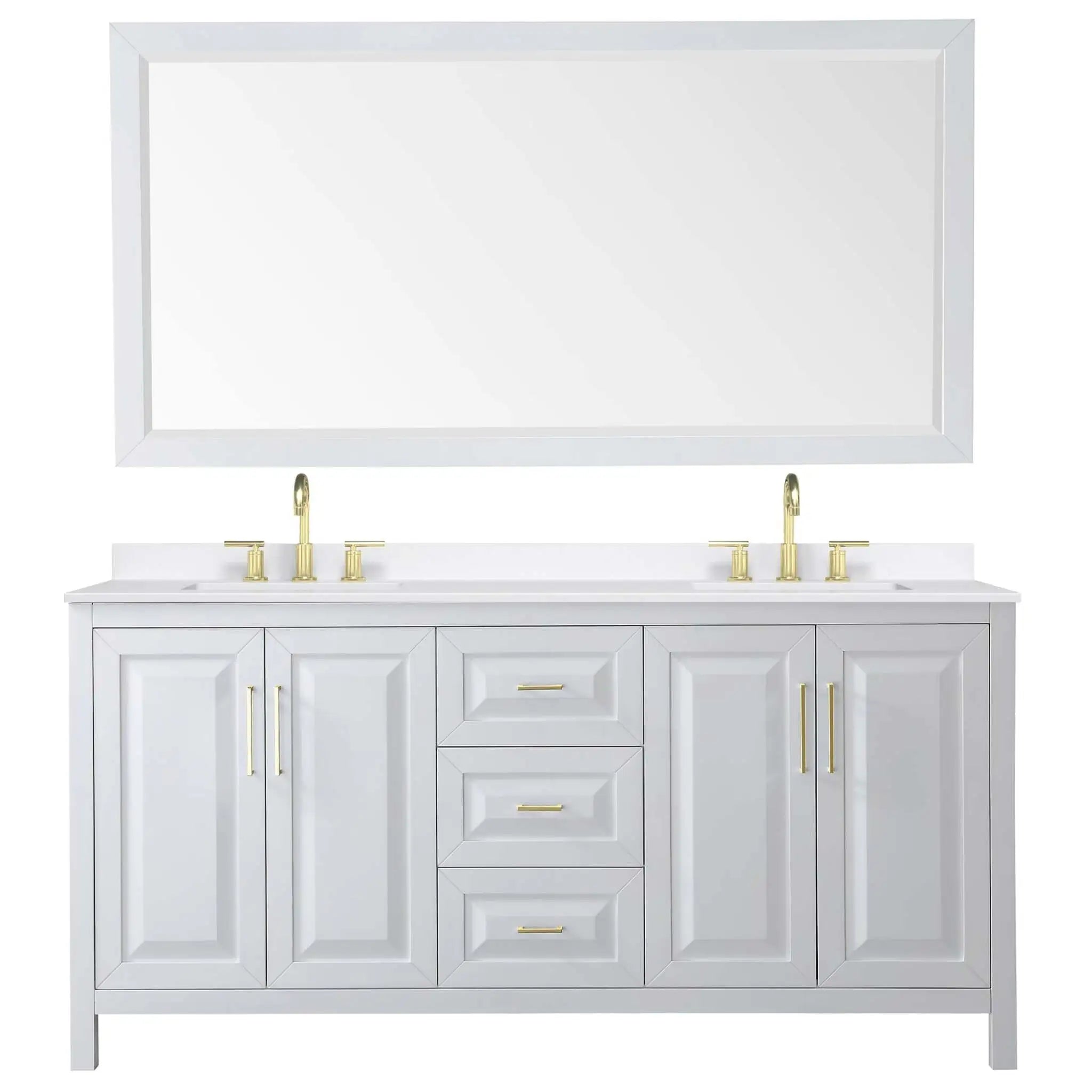 72" Daria Double Bathroom Vanity in White with Brushed Gold Trim & 70" Mirror by Wyndham