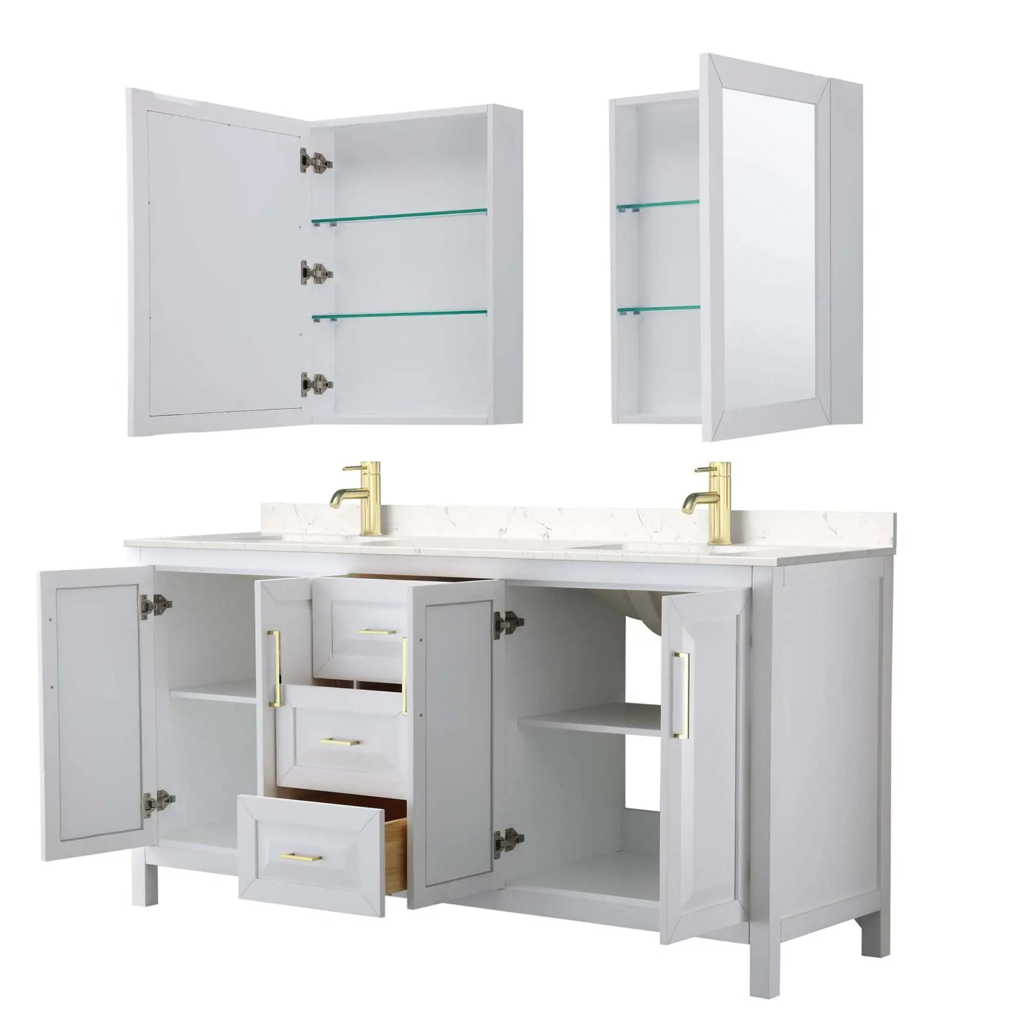 72" Daria Double Bathroom Vanity in White with Brushed Gold Trim & Medicine Cabinet by Wyndham