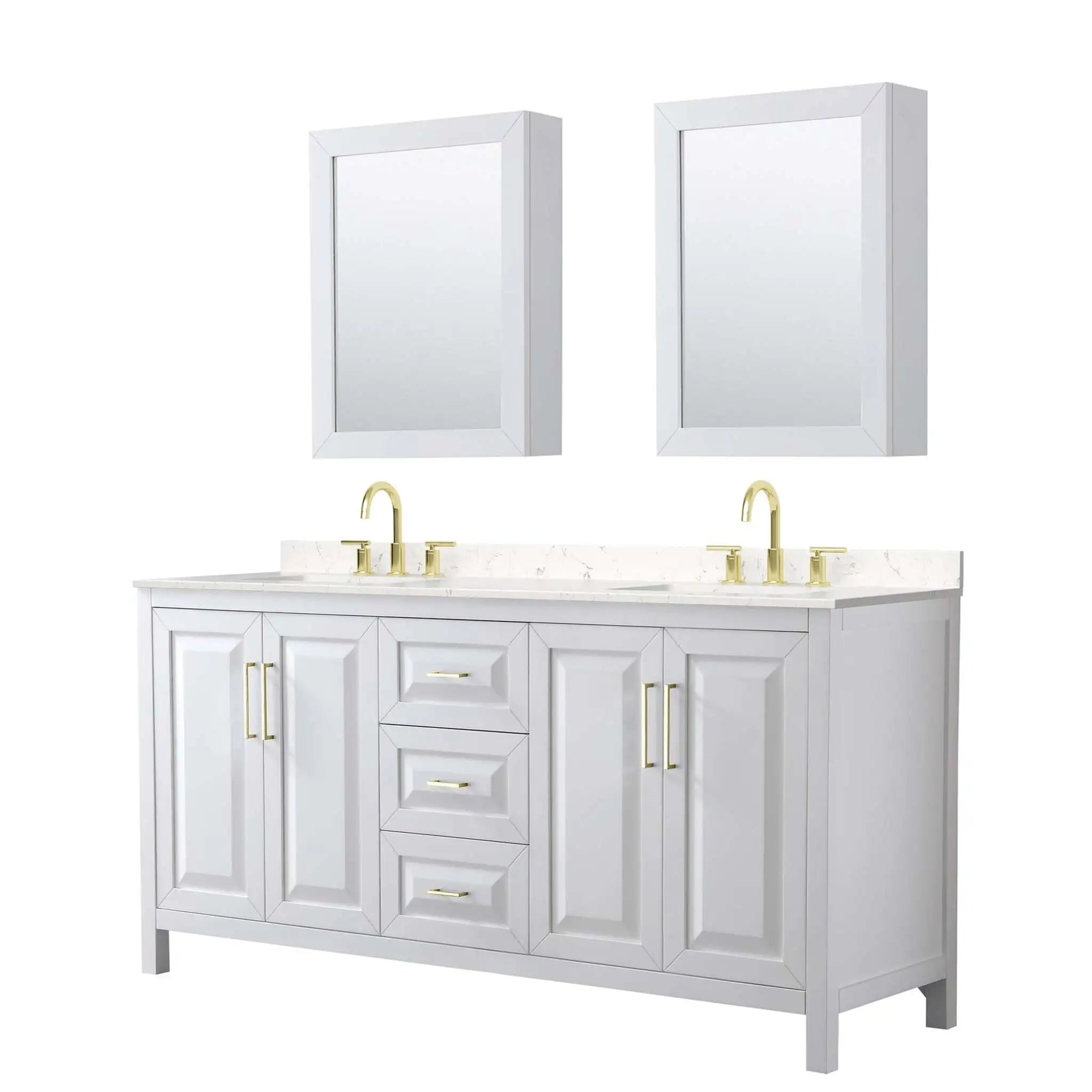 72" Daria Double Bathroom Vanity in White with Brushed Gold Trim & Medicine Cabinet by Wyndham