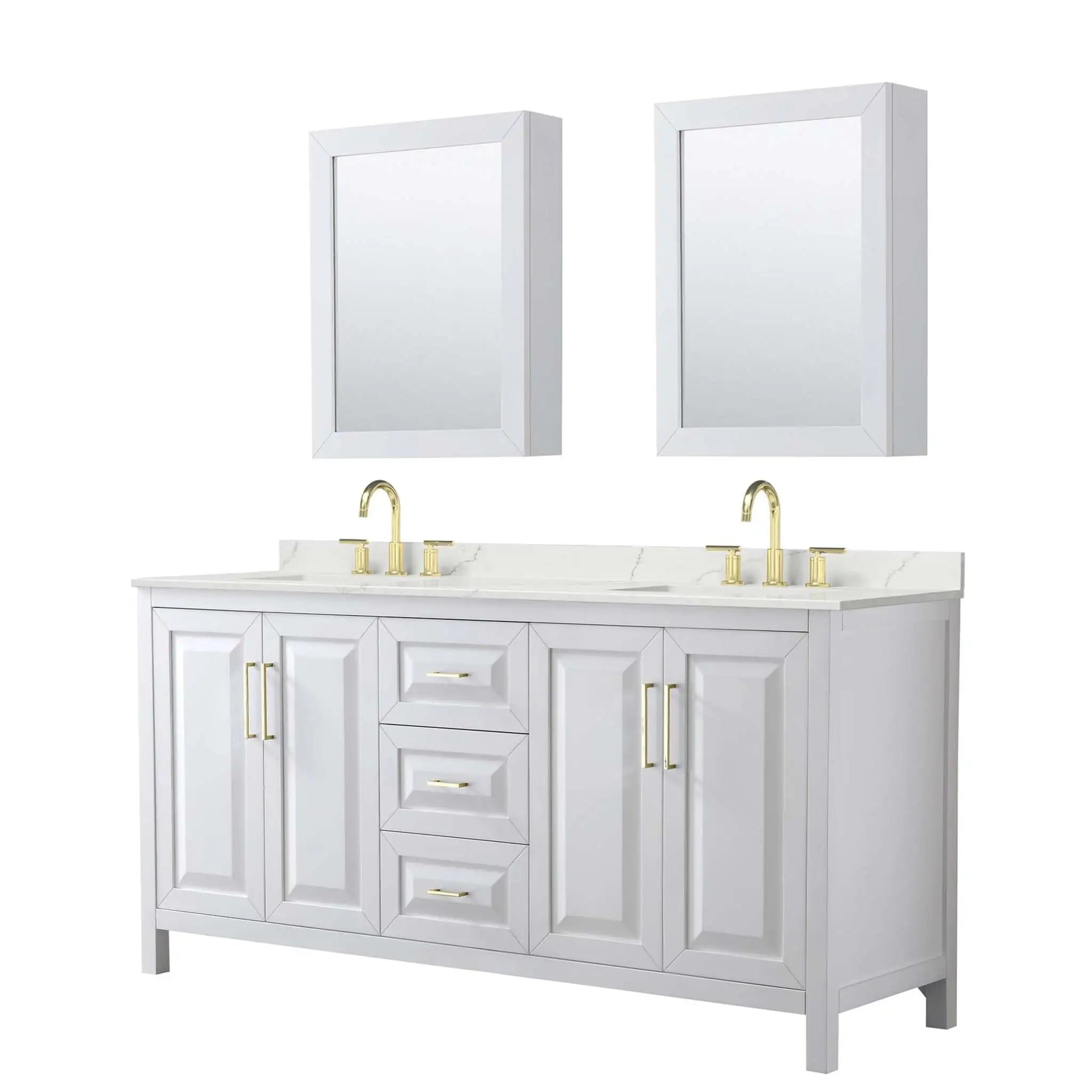 72" Daria Double Bathroom Vanity in White with Brushed Gold Trim & Medicine Cabinet by Wyndham