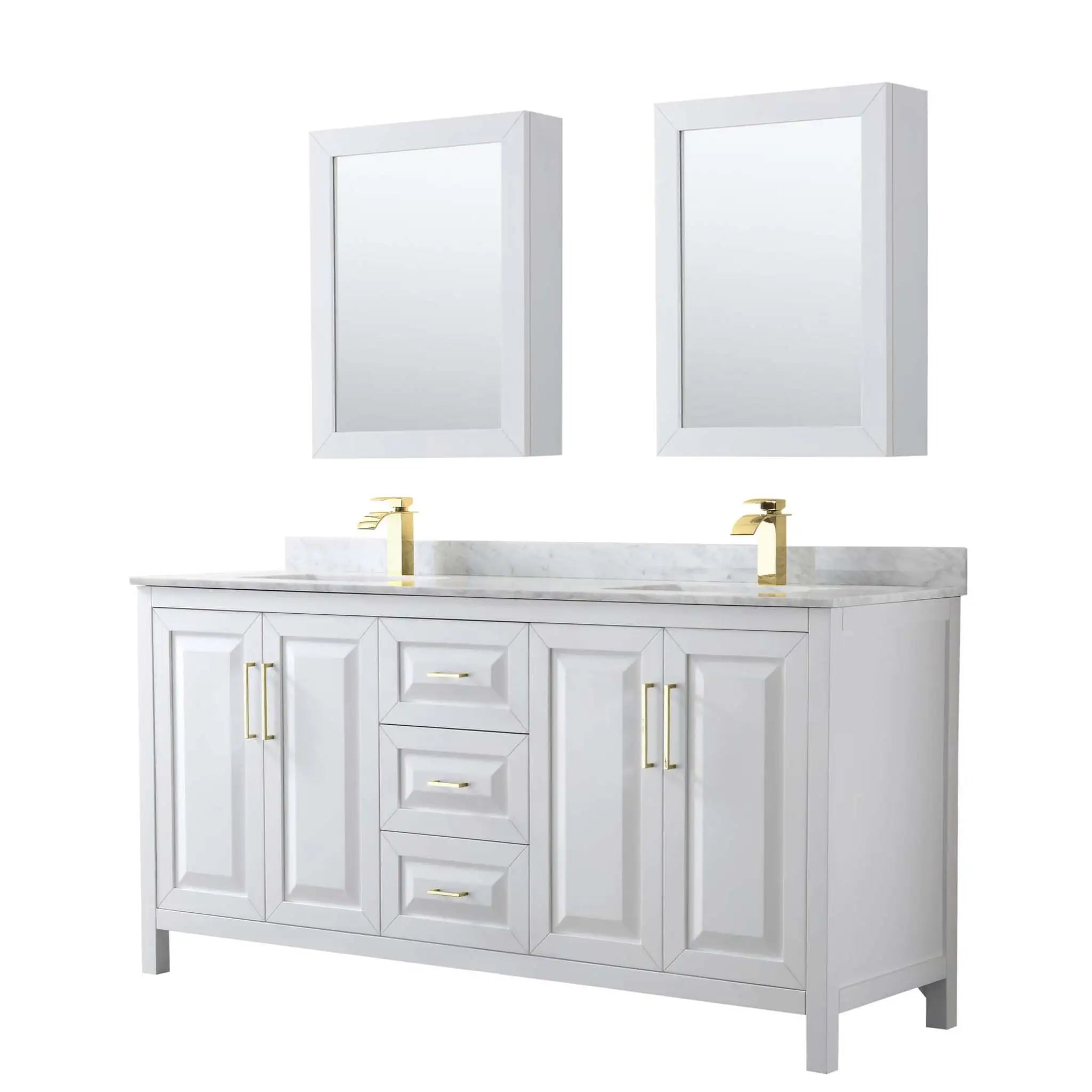 72" Daria Double Bathroom Vanity in White with Brushed Gold Trim & Medicine Cabinet by Wyndham