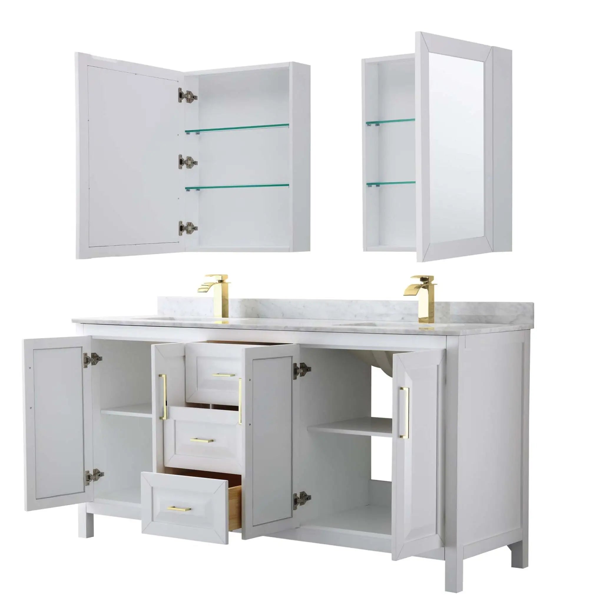 72" Daria Double Bathroom Vanity in White with Brushed Gold Trim & Medicine Cabinet by Wyndham