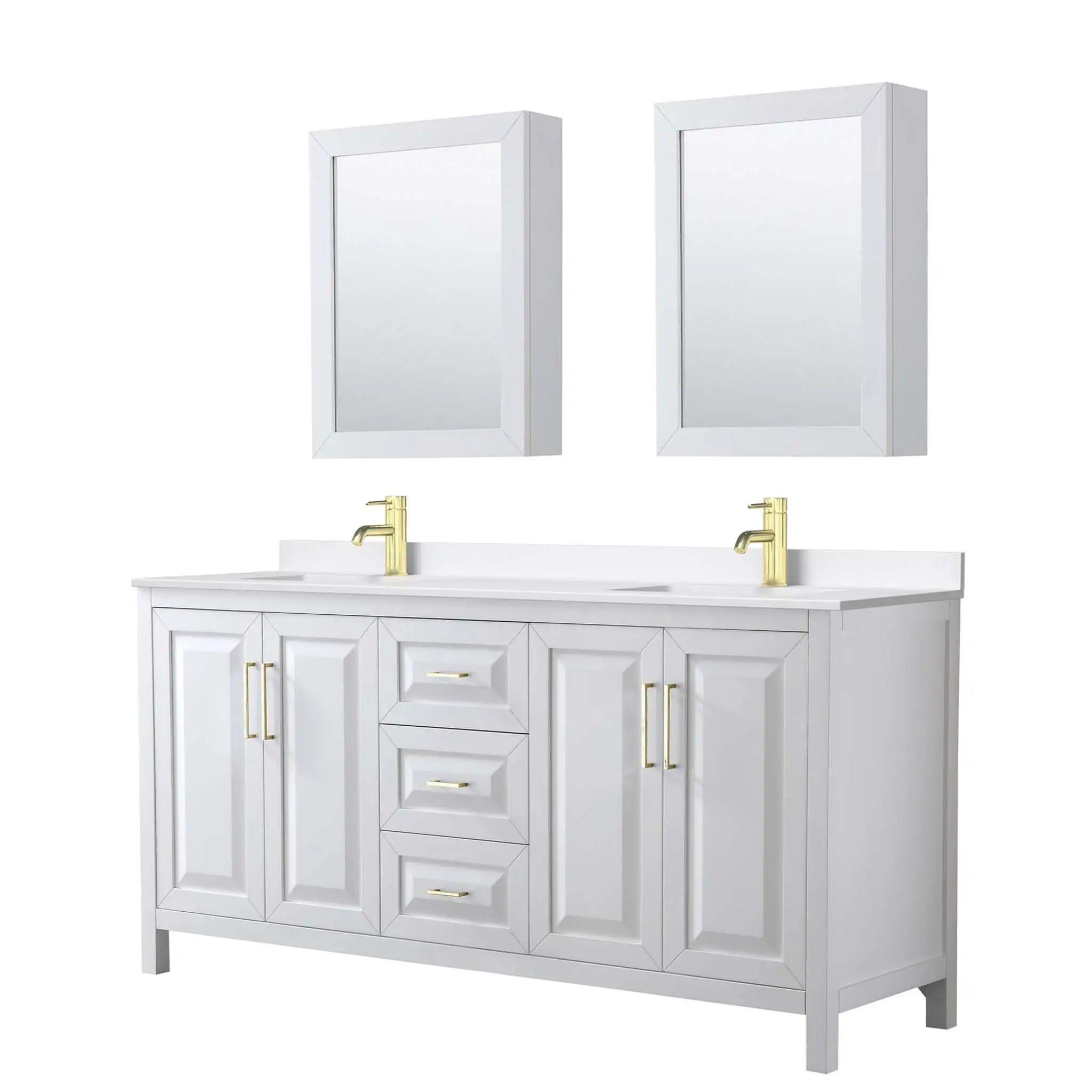 72" Daria Double Bathroom Vanity in White with Brushed Gold Trim & Medicine Cabinet by Wyndham