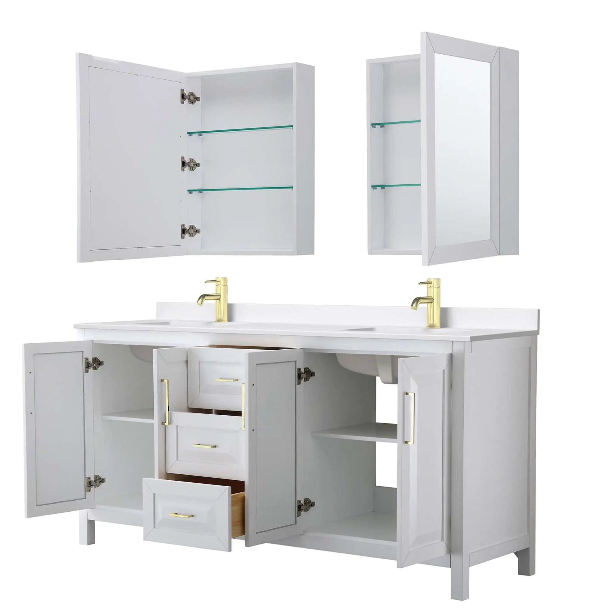 72" Daria Double Bathroom Vanity in White with Brushed Gold Trim & Medicine Cabinet by Wyndham