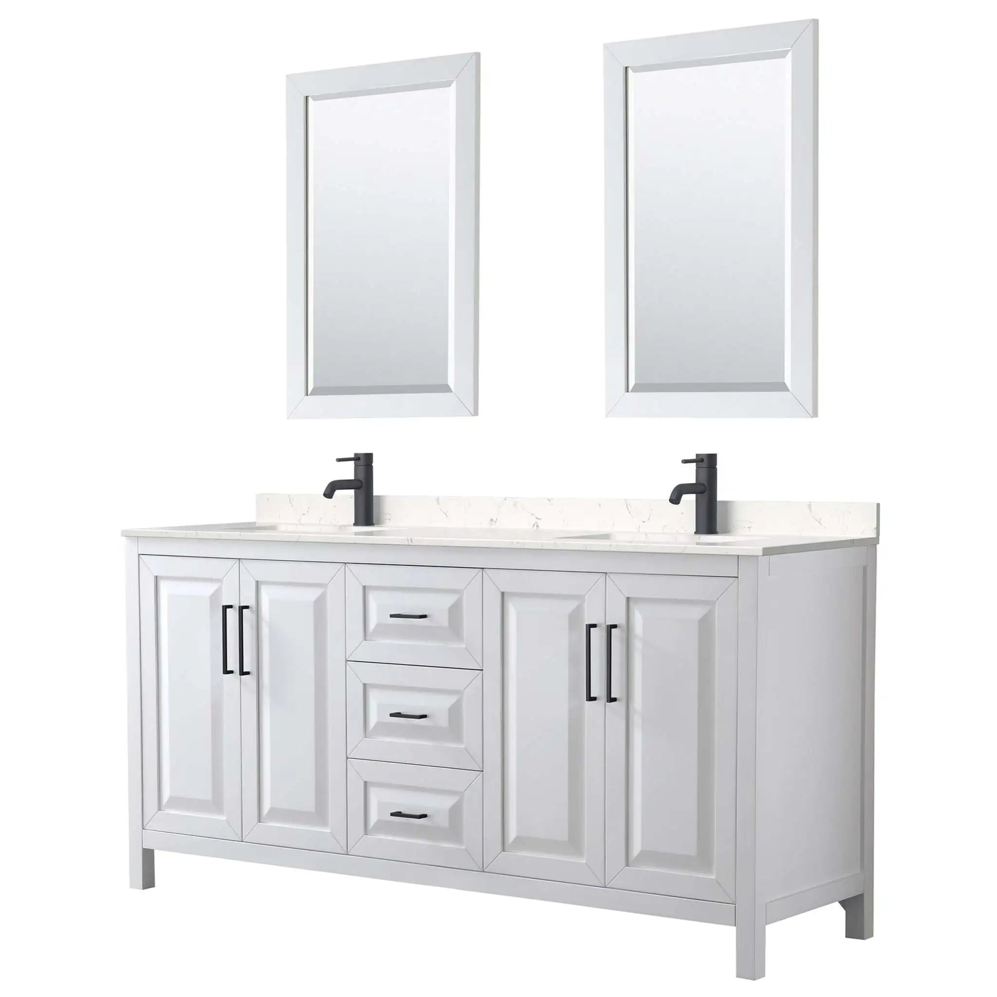 72" Daria Double Bathroom Vanity in White with Matte Black Trim & 24" Mirror by Wyndham