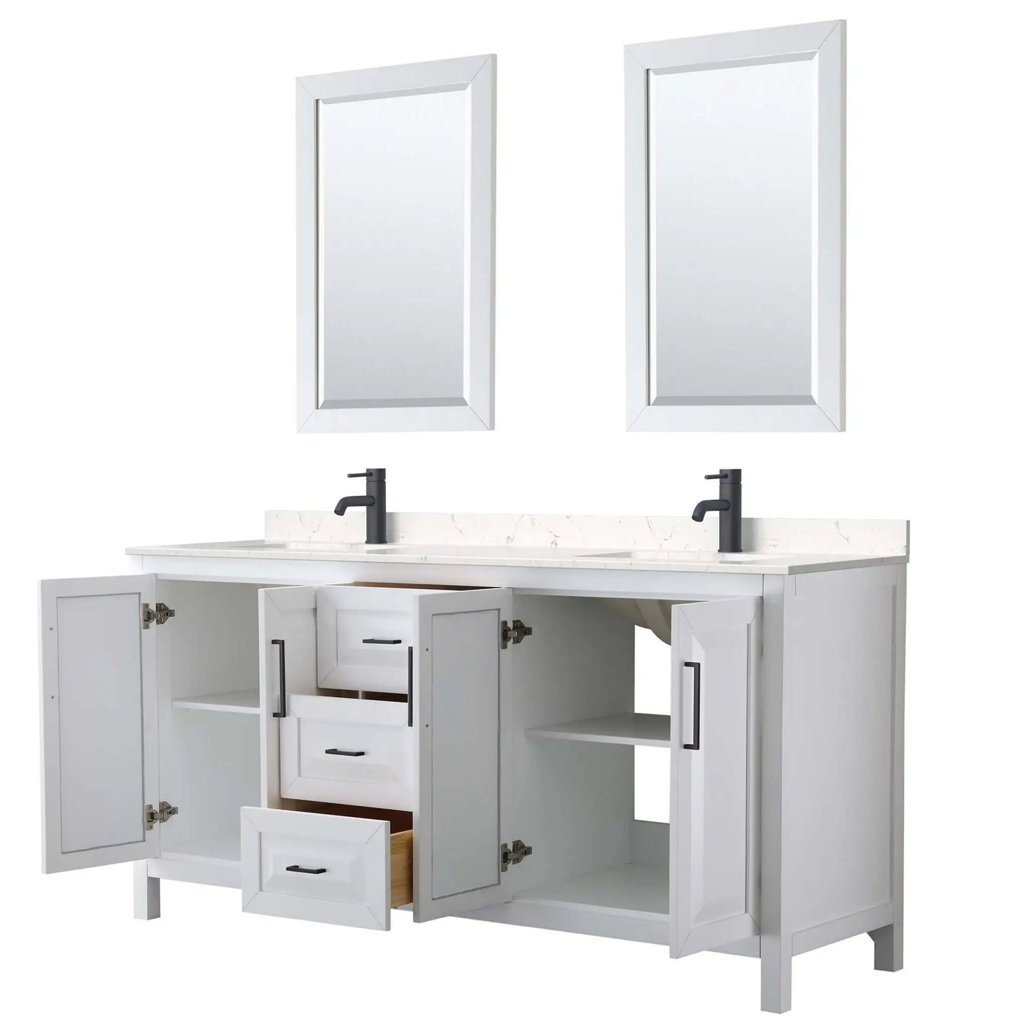 72" Daria Double Bathroom Vanity in White with Matte Black Trim & 24" Mirror by Wyndham