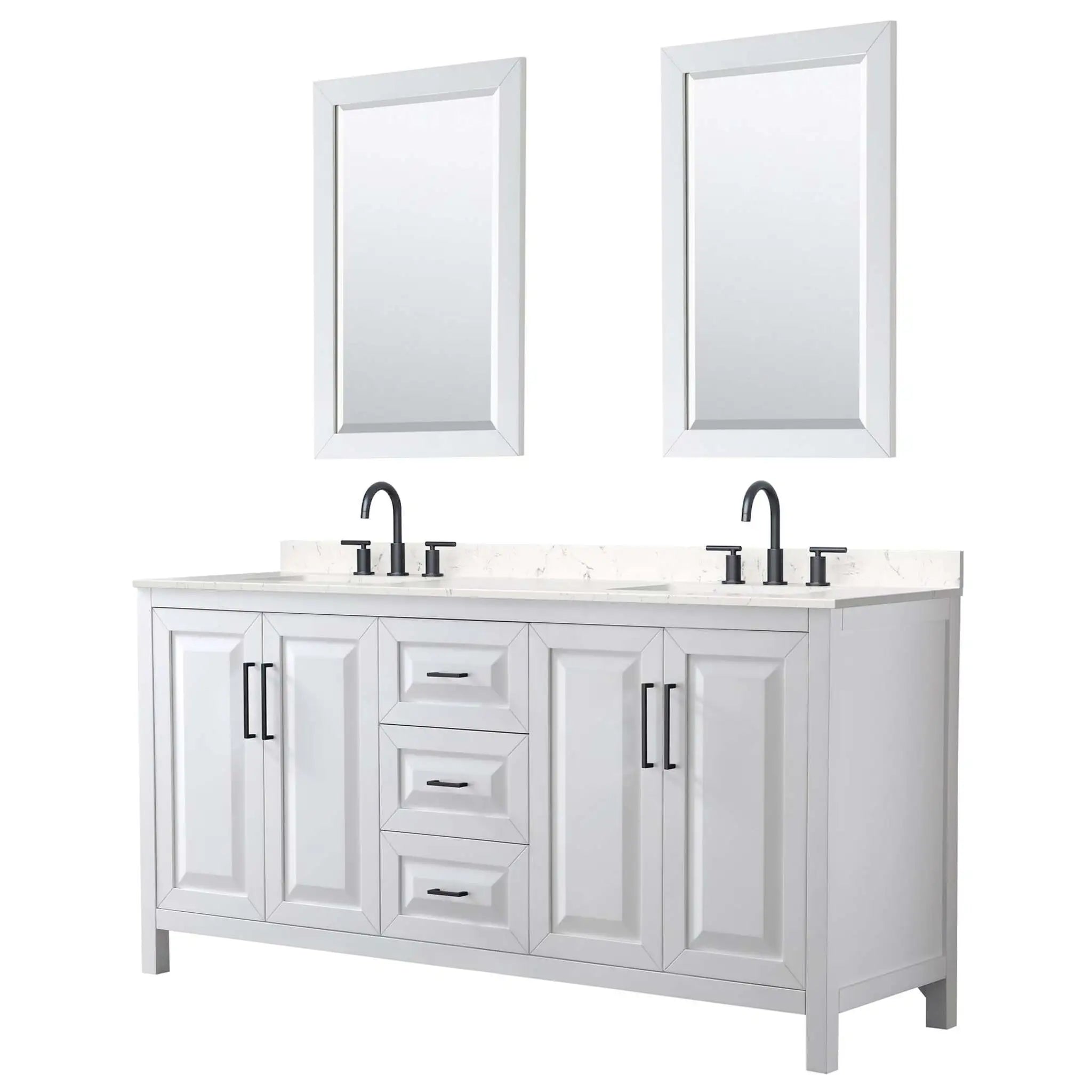 72" Daria Double Bathroom Vanity in White with Matte Black Trim & 24" Mirror by Wyndham