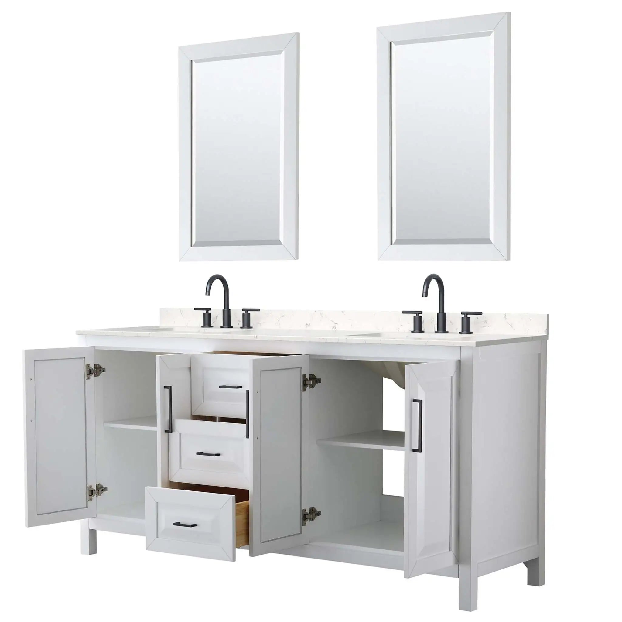 72" Daria Double Bathroom Vanity in White with Matte Black Trim & 24" Mirror by Wyndham