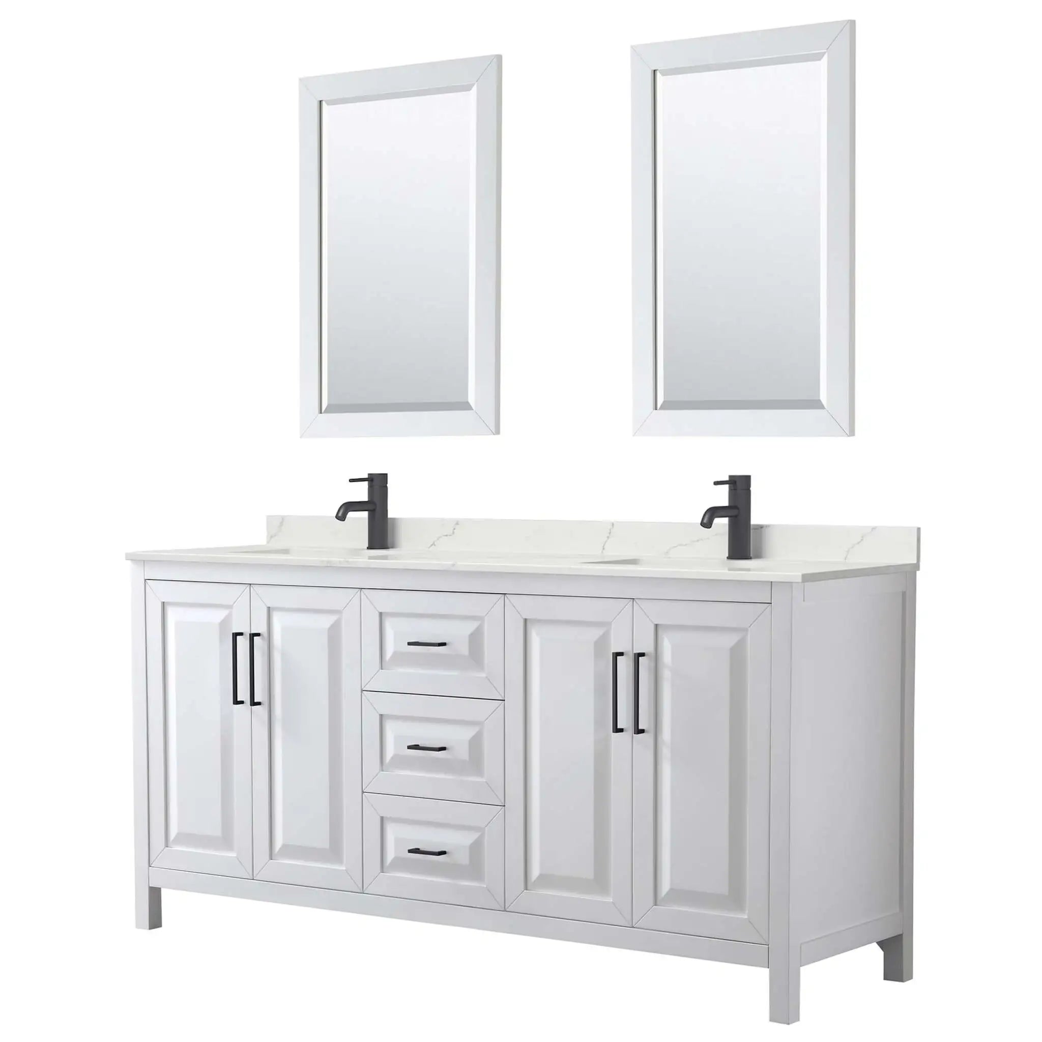 72" Daria Double Bathroom Vanity in White with Matte Black Trim & 24" Mirror by Wyndham