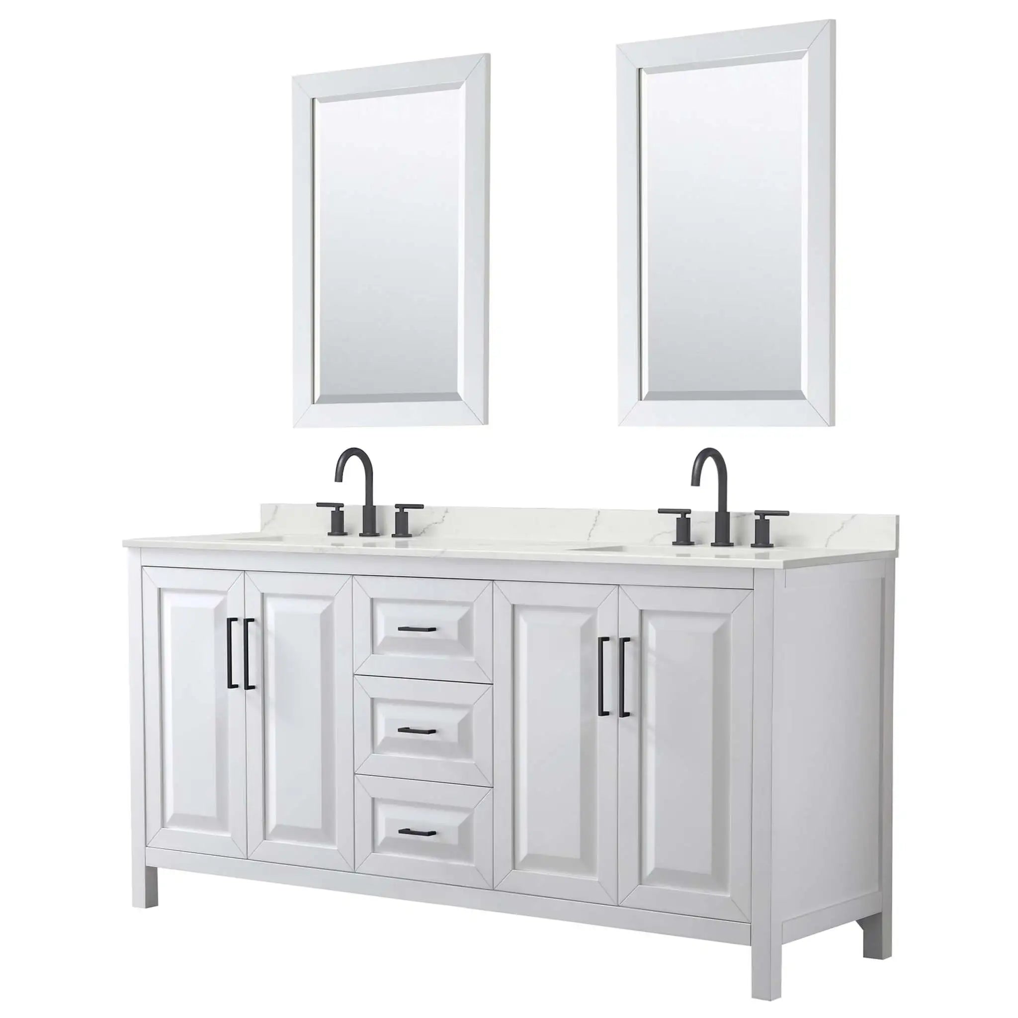 72" Daria Double Bathroom Vanity in White with Matte Black Trim & 24" Mirror by Wyndham