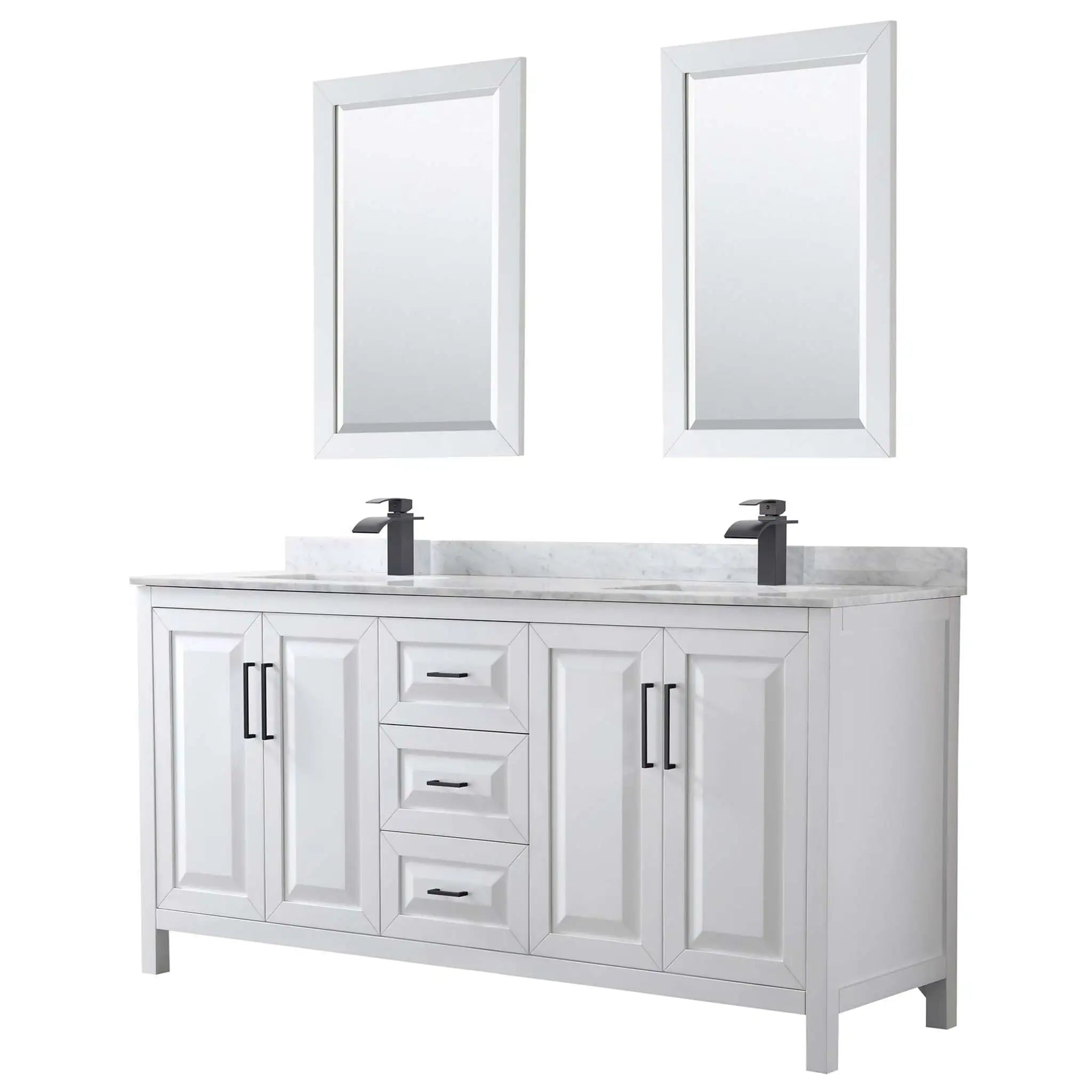 72" Daria Double Bathroom Vanity in White with Matte Black Trim & 24" Mirror by Wyndham