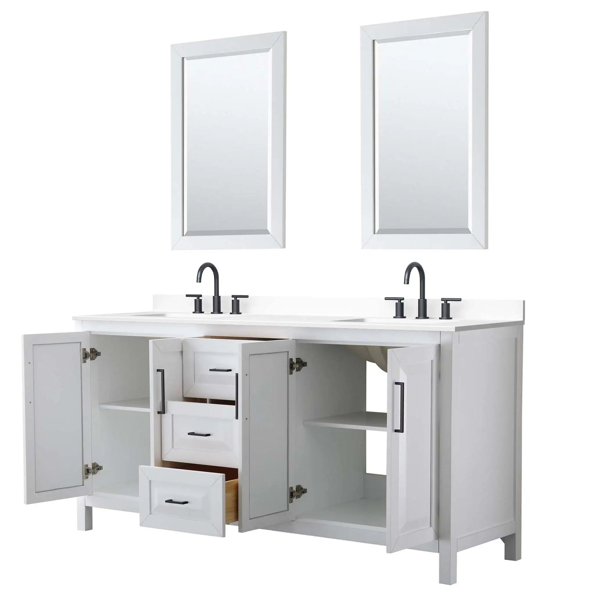72" Daria Double Bathroom Vanity in White with Matte Black Trim & 24" Mirror by Wyndham