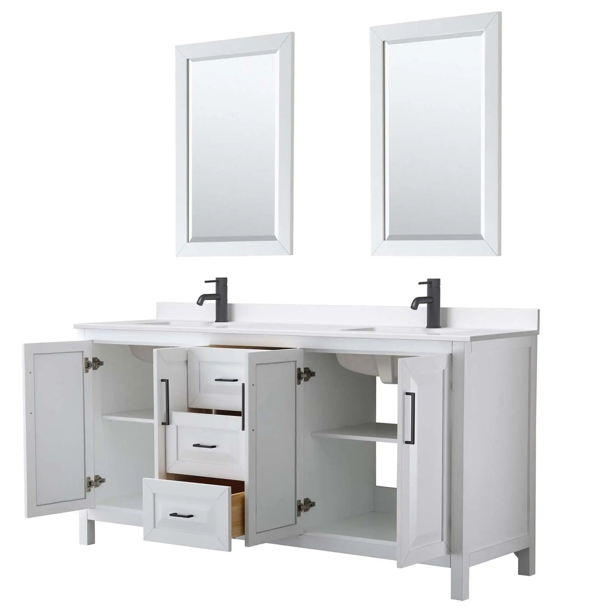 72" Daria Double Bathroom Vanity in White with Matte Black Trim & 24" Mirror by Wyndham
