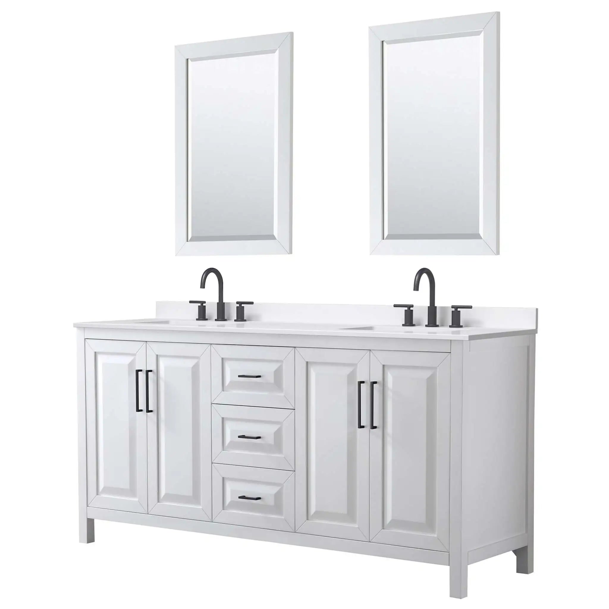 72" Daria Double Bathroom Vanity in White with Matte Black Trim & 24" Mirror by Wyndham