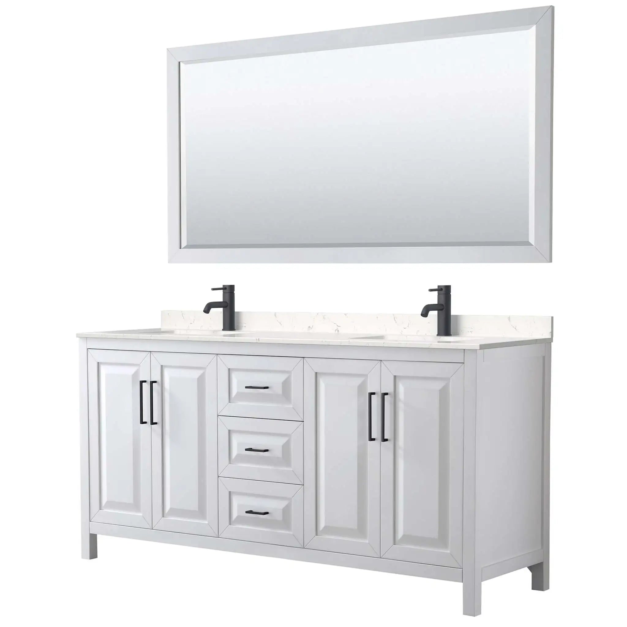 72" Daria Double Bathroom Vanity in White with Matte Black Trim & 70" Mirror by Wyndham