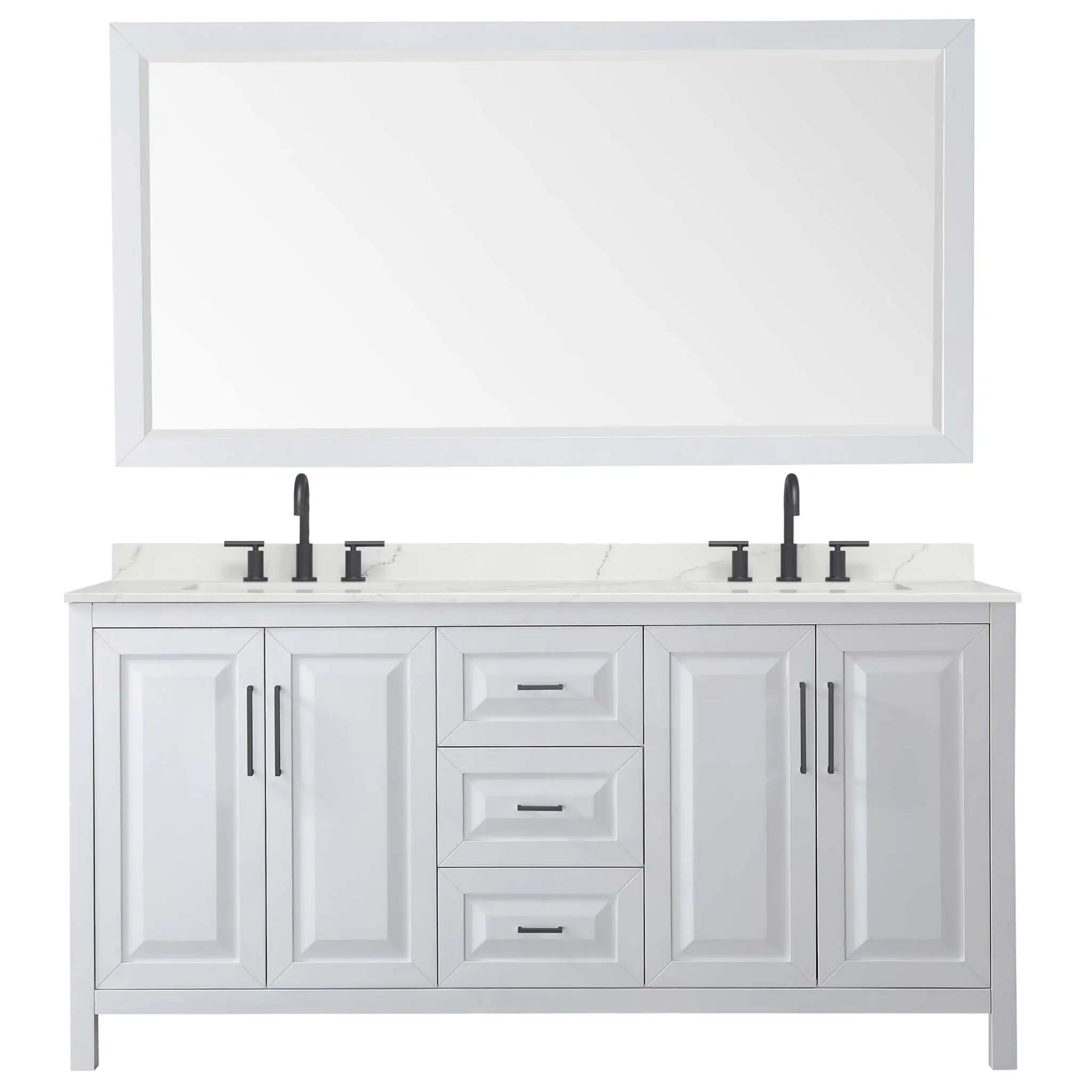 72" Daria Double Bathroom Vanity in White with Matte Black Trim & 70" Mirror by Wyndham