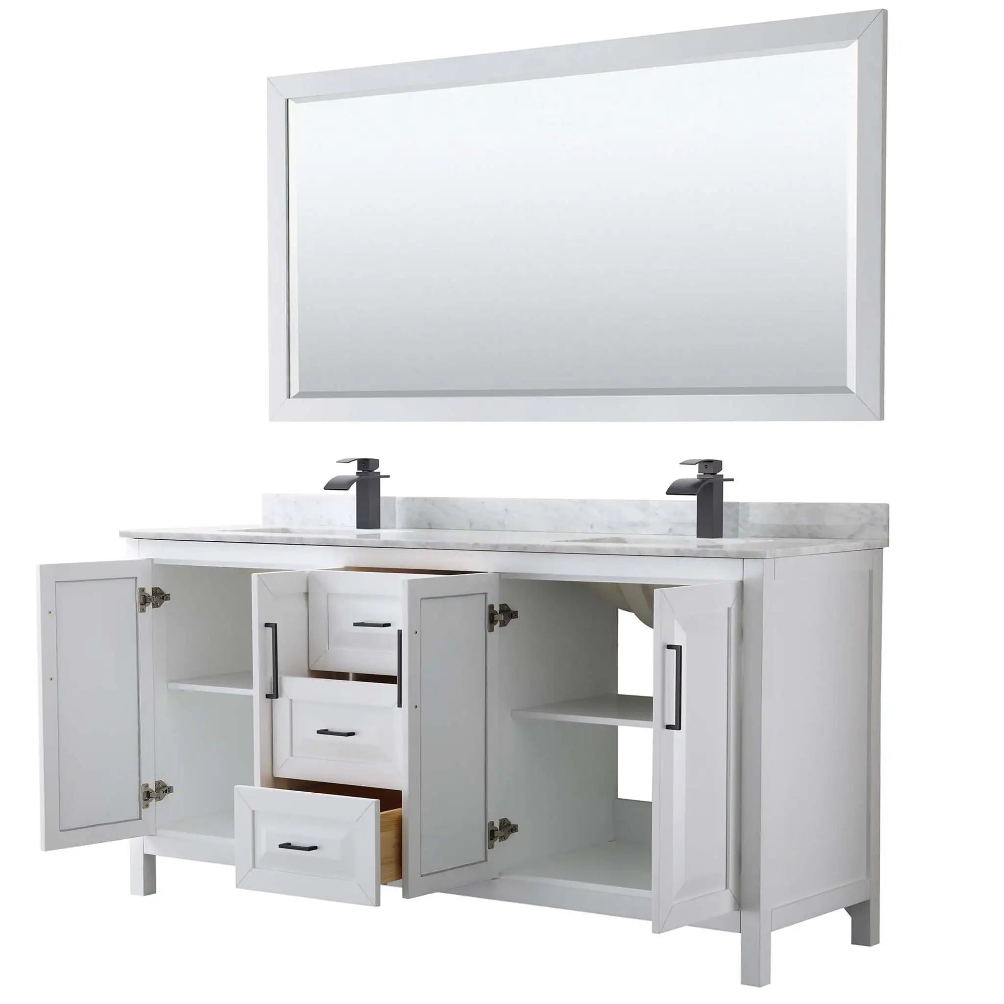 72" Daria Double Bathroom Vanity in White with Matte Black Trim & 70" Mirror by Wyndham