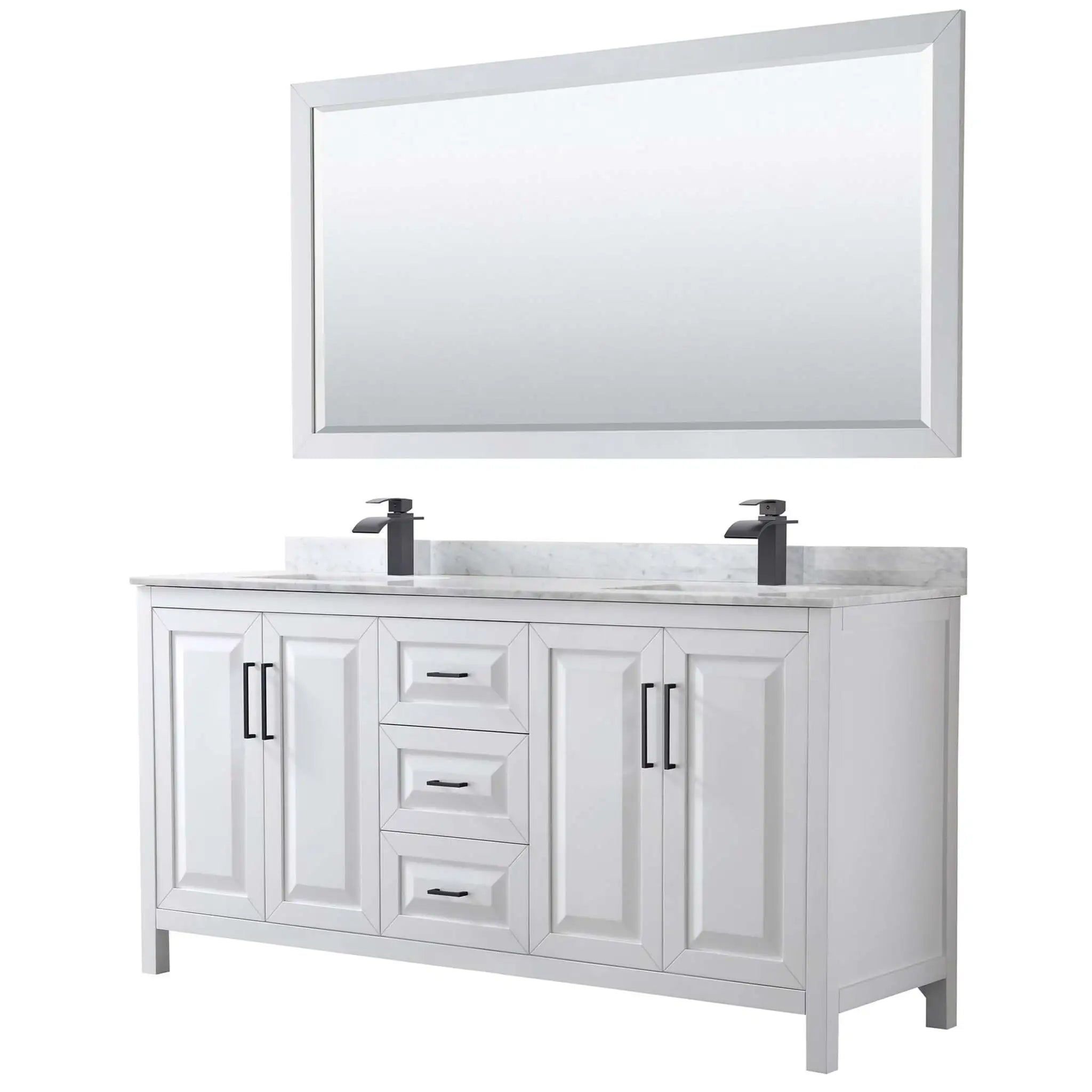 72" Daria Double Bathroom Vanity in White with Matte Black Trim & 70" Mirror by Wyndham