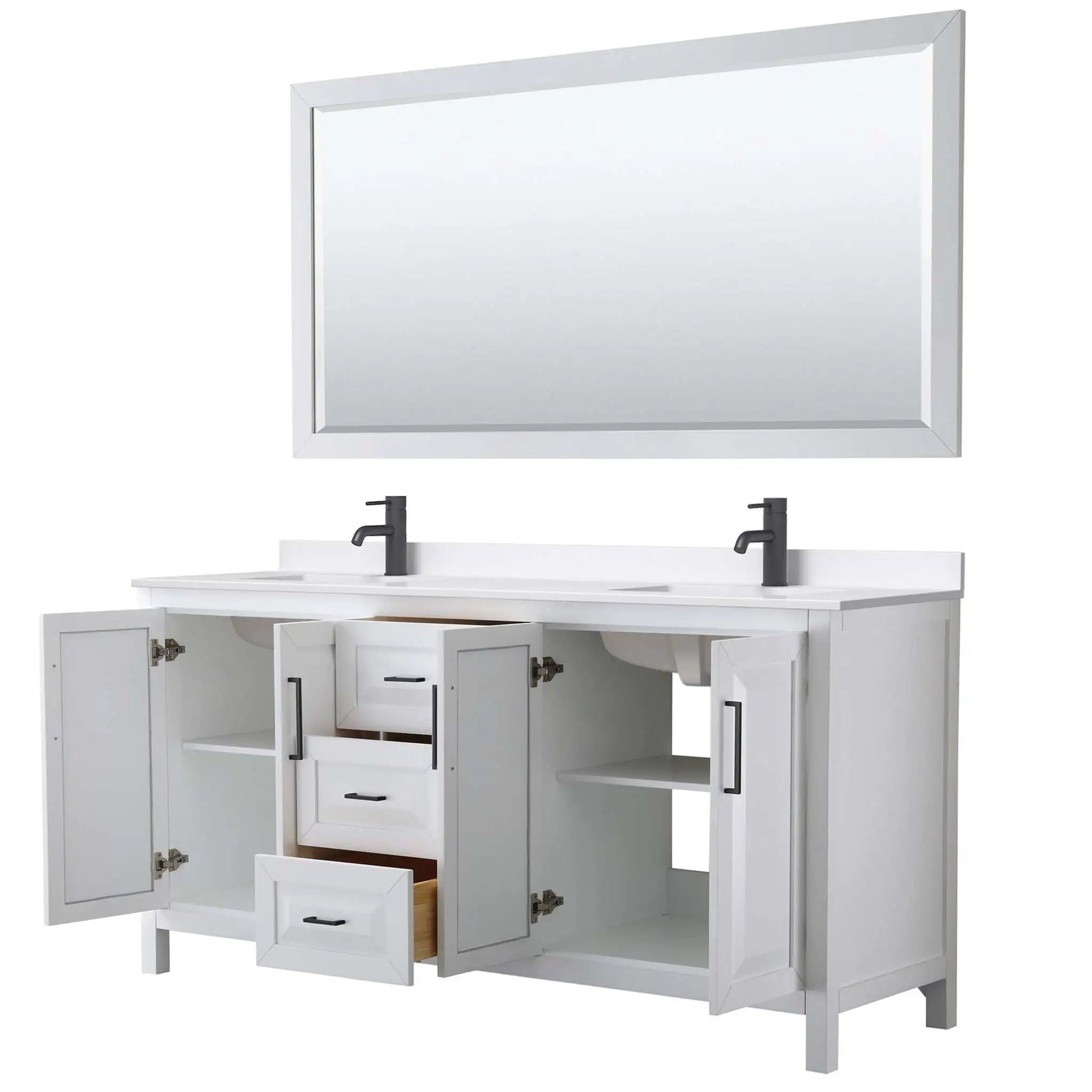 72" Daria Double Bathroom Vanity in White with Matte Black Trim & 70" Mirror by Wyndham