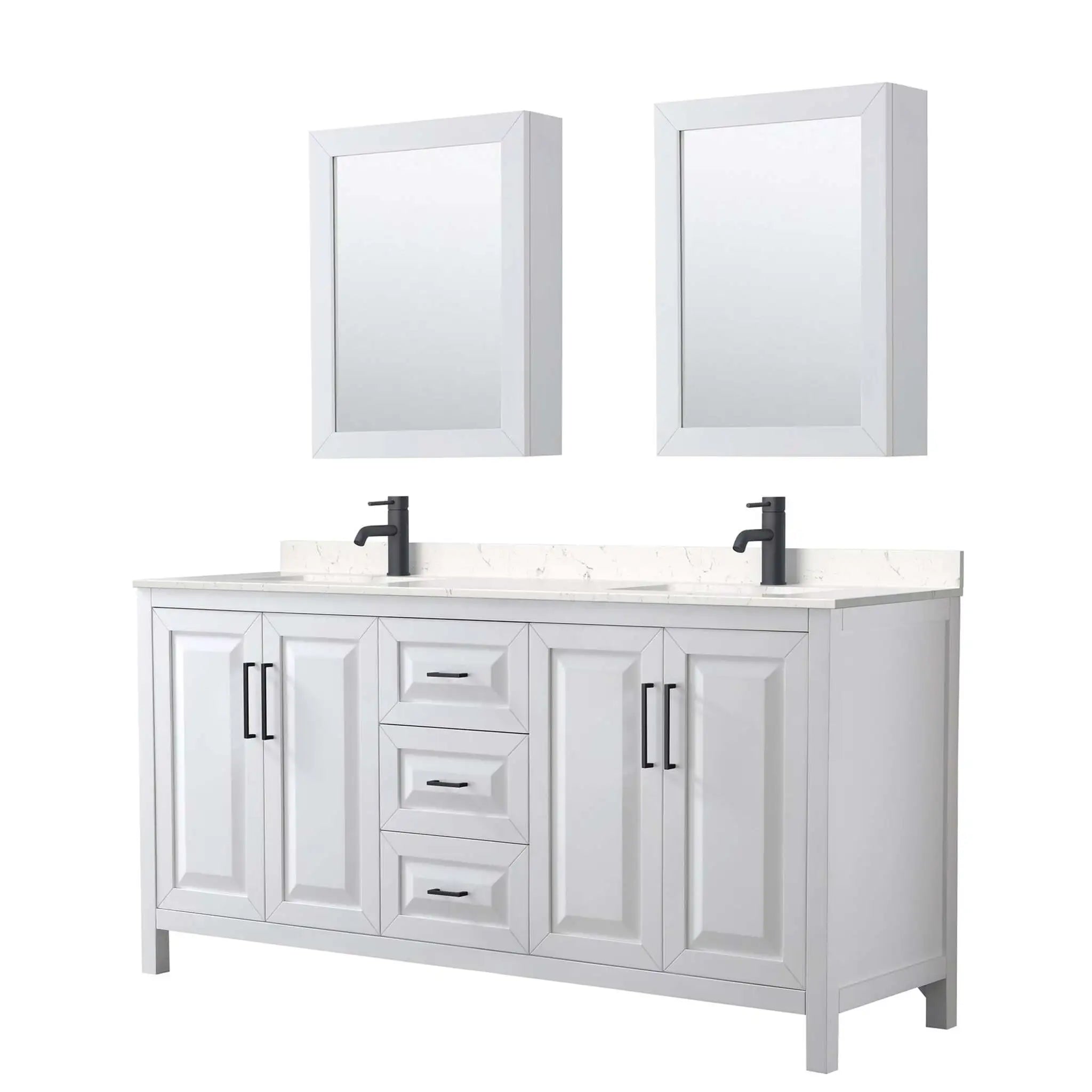 72" Daria Double Bathroom Vanity in White with Matte Black Trim & Medicine Cabinet by Wyndham