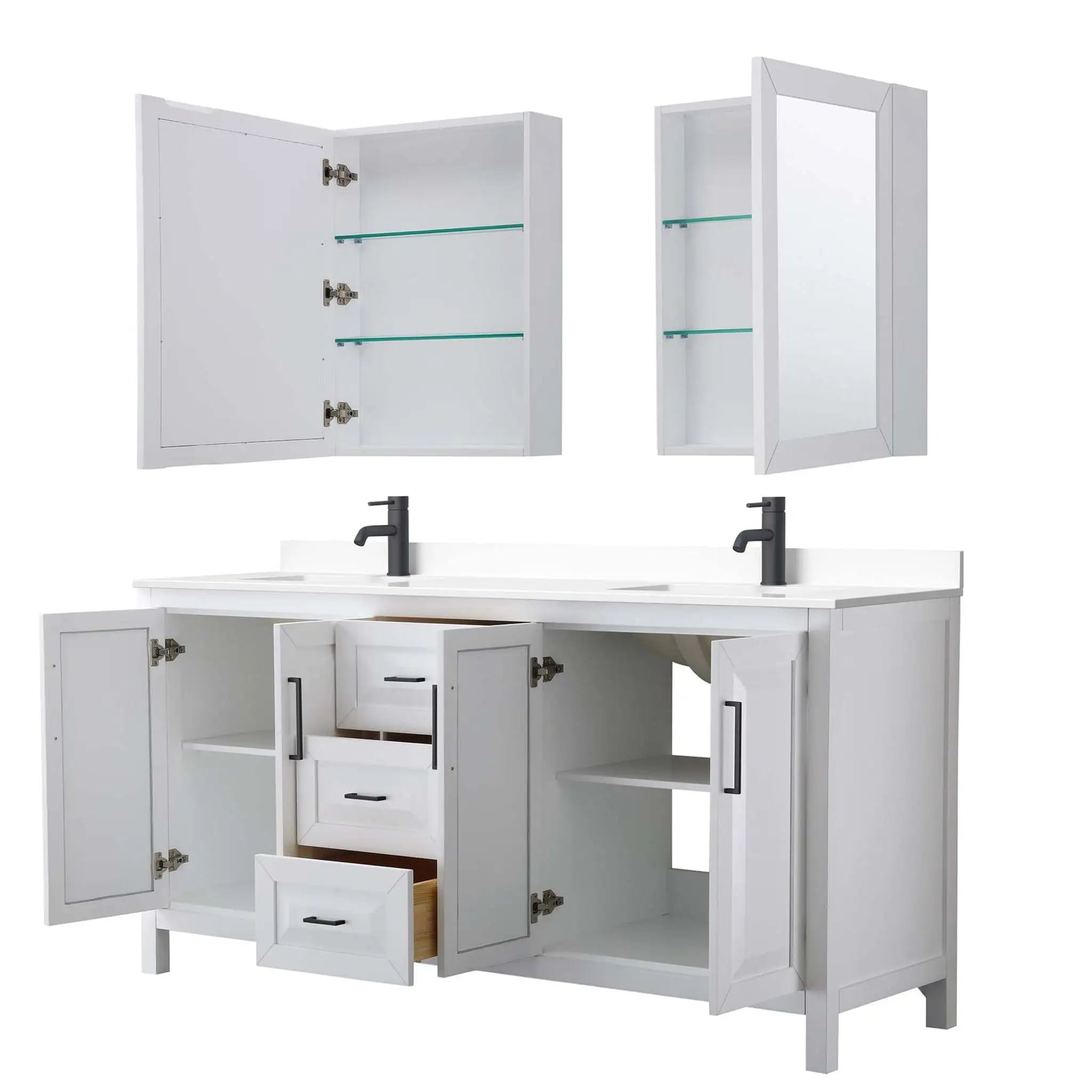 72" Daria Double Bathroom Vanity in White with Matte Black Trim & Medicine Cabinet by Wyndham