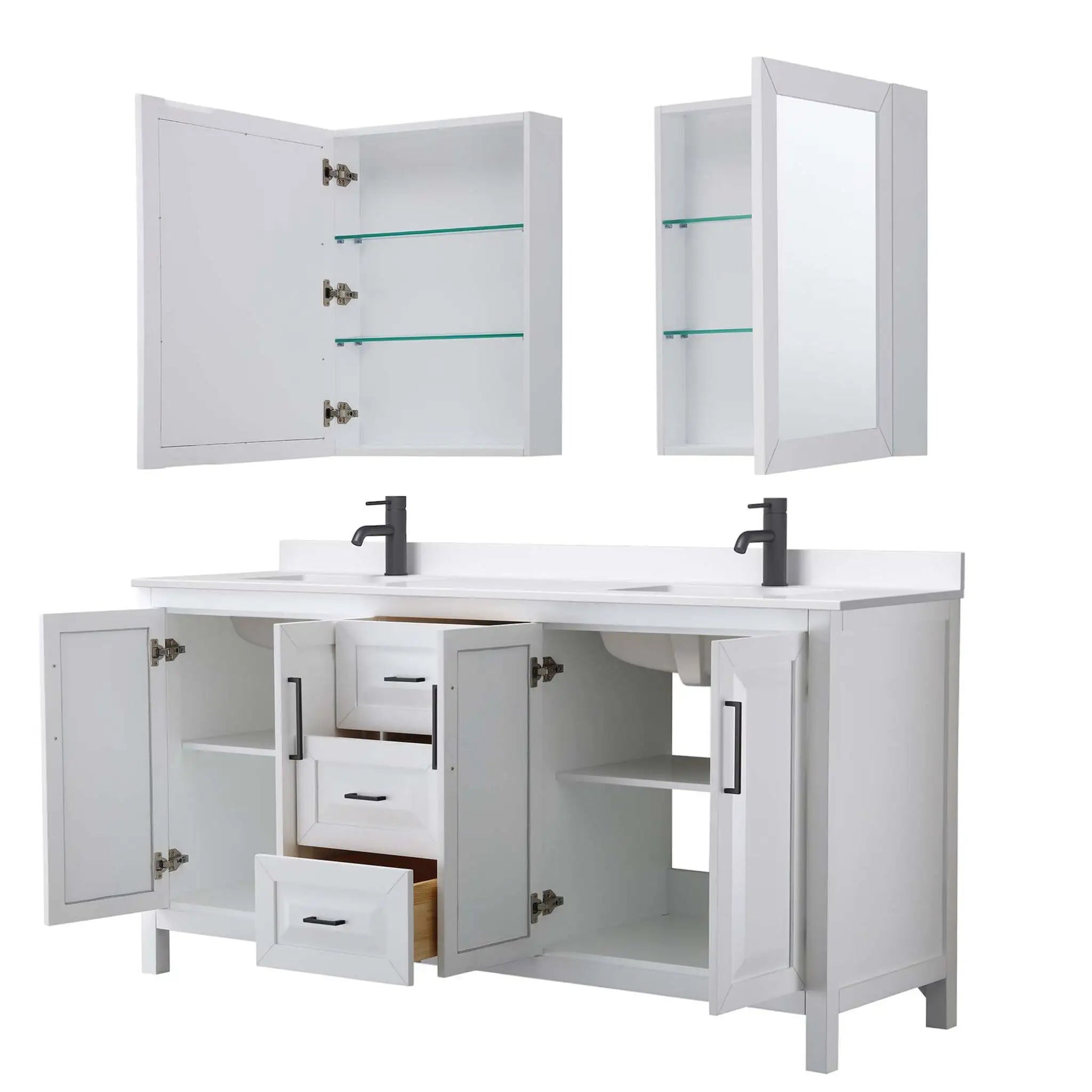 72" Daria Double Bathroom Vanity in White with Matte Black Trim & Medicine Cabinet by Wyndham