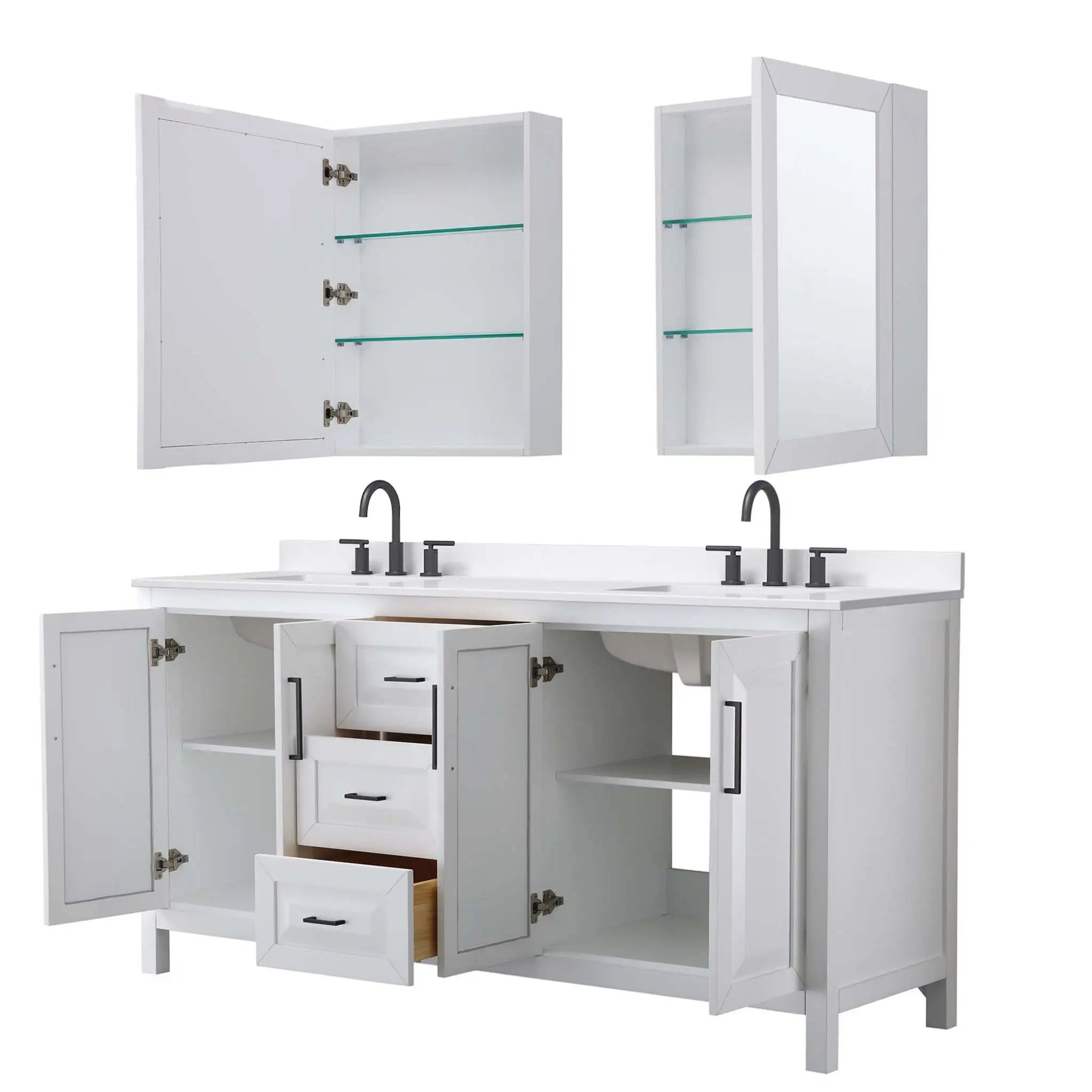 72" Daria Double Bathroom Vanity in White with Matte Black Trim & Medicine Cabinet by Wyndham