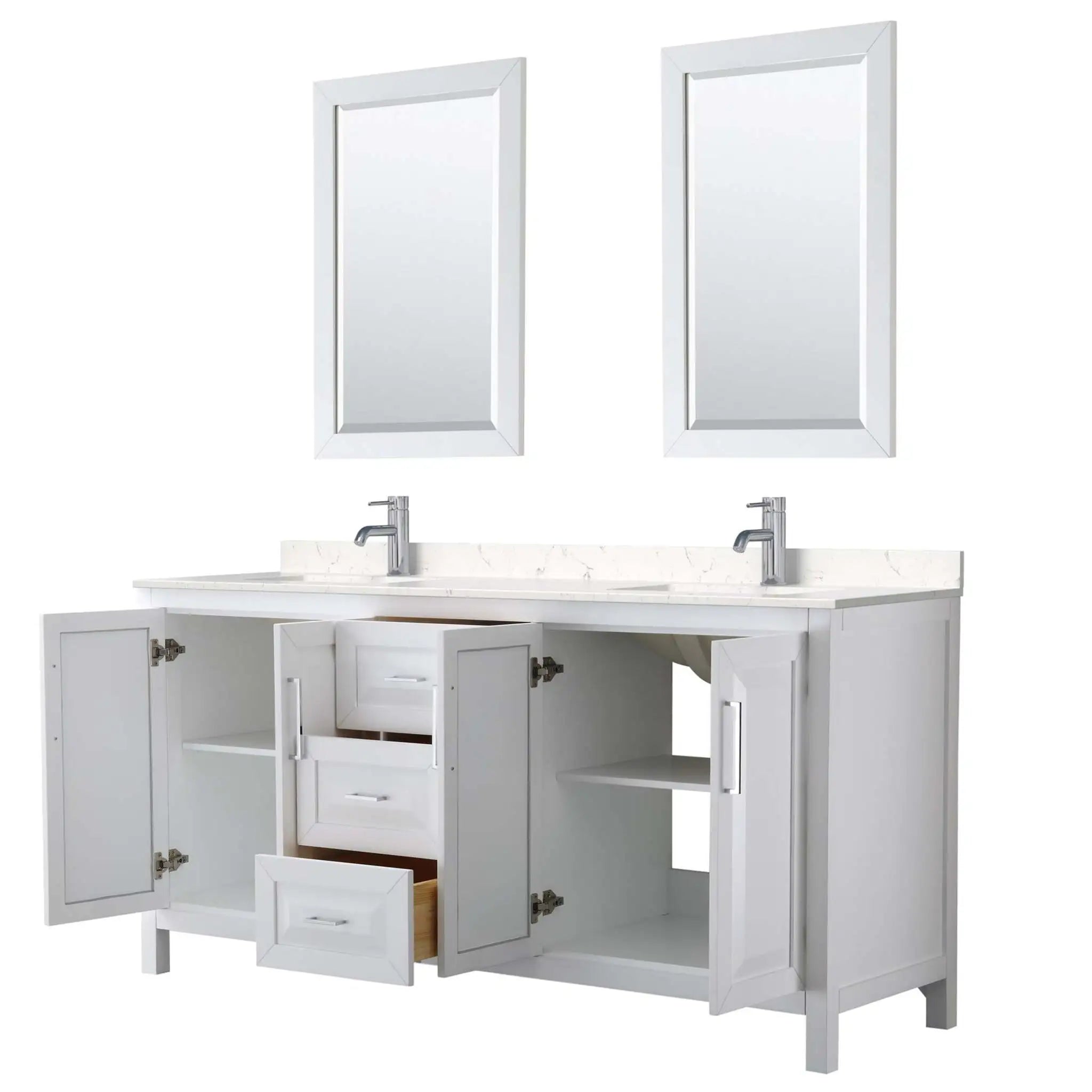 72" Daria Double Bathroom Vanity in White with Polished Chrome Trim & 24" Mirror by Wyndham