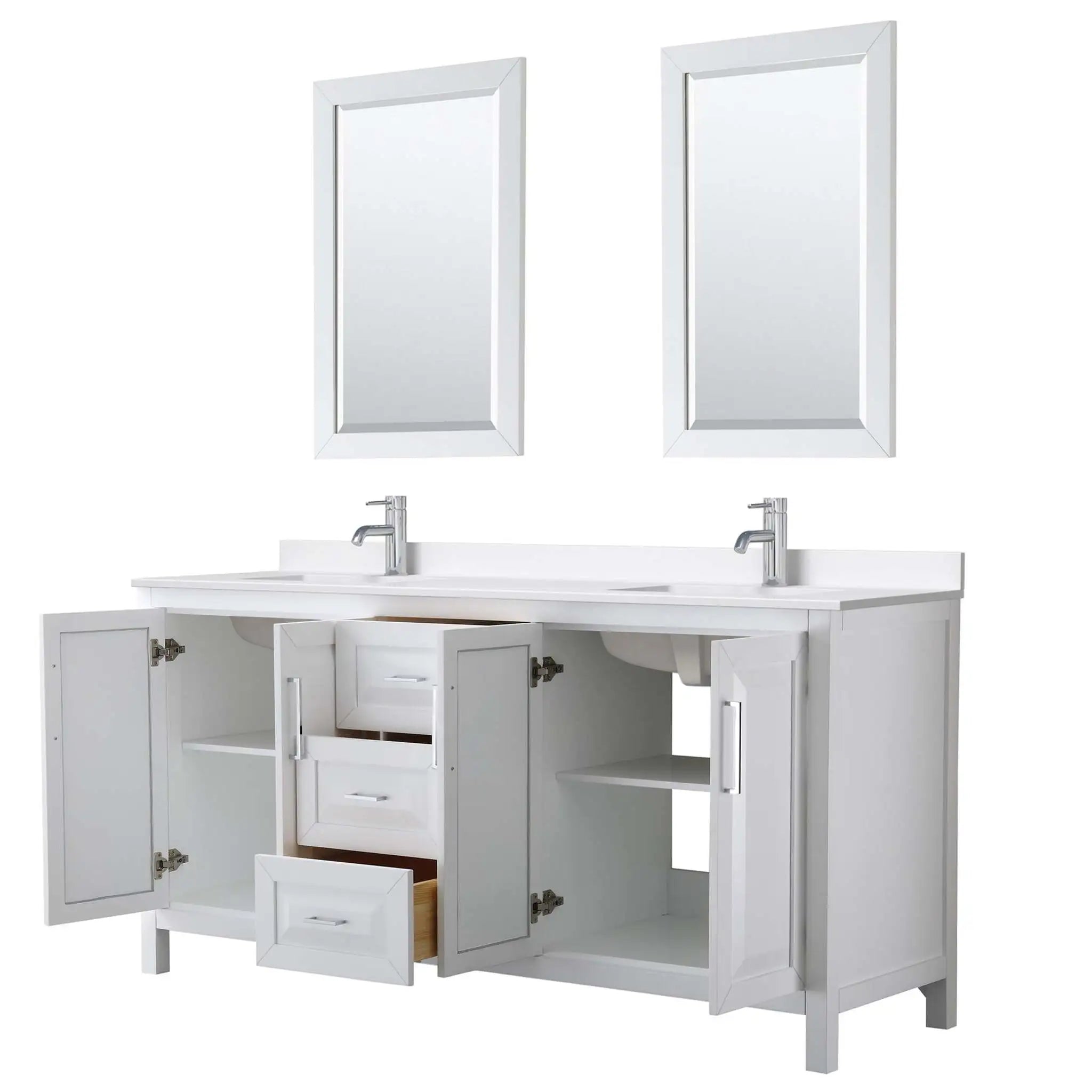72" Daria Double Bathroom Vanity in White with Polished Chrome Trim & 24" Mirror by Wyndham