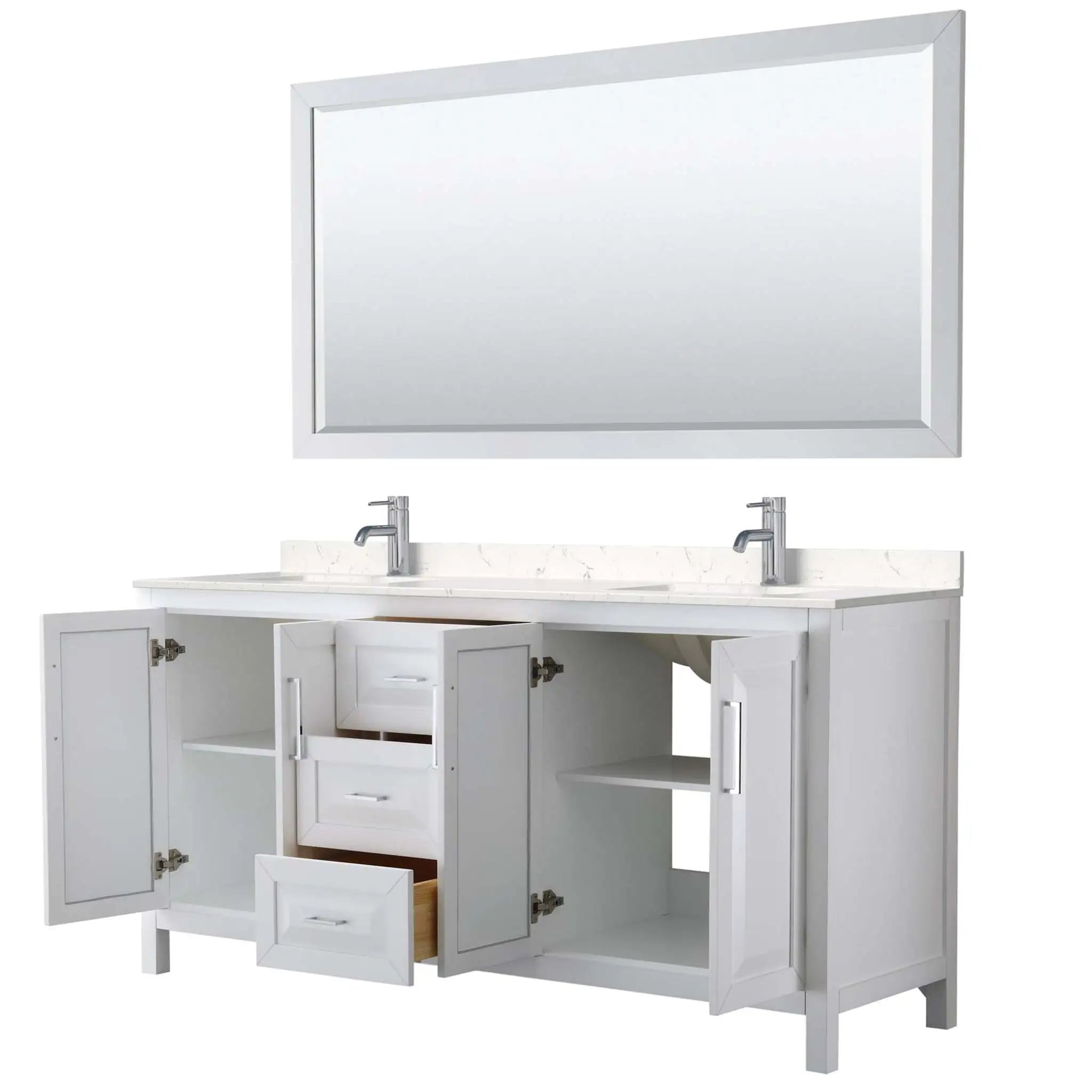 72" Daria Double Bathroom Vanity in White with Polished Chrome Trim & 70" Mirror by Wyndham