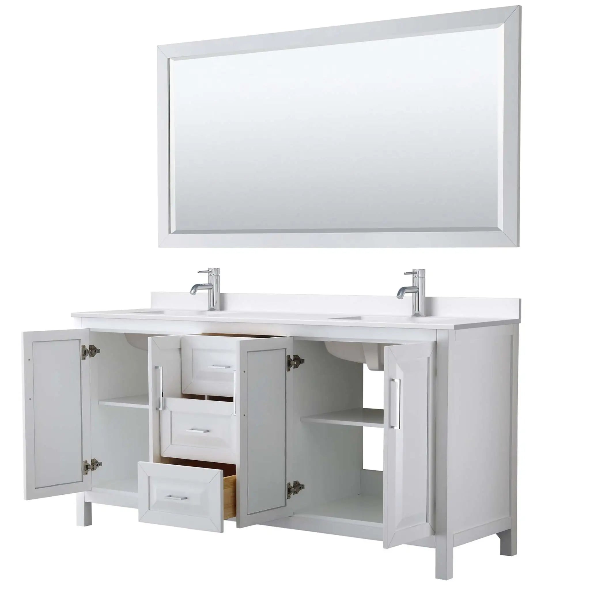 72" Daria Double Bathroom Vanity in White with Polished Chrome Trim & 70" Mirror by Wyndham