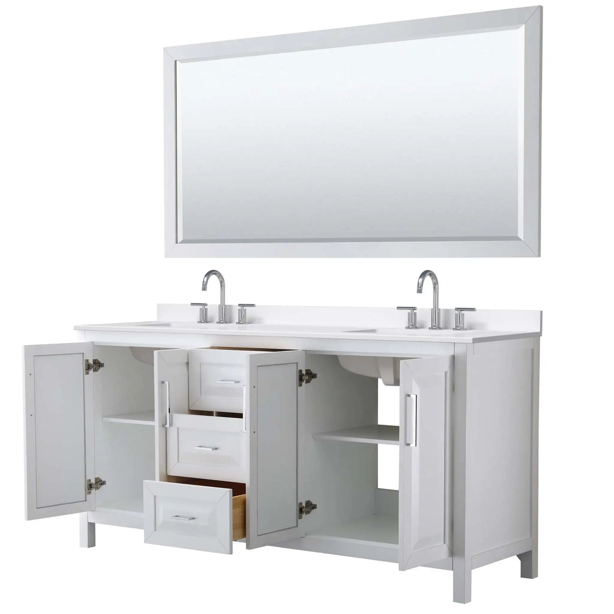 72" Daria Double Bathroom Vanity in White with Polished Chrome Trim & 70" Mirror by Wyndham
