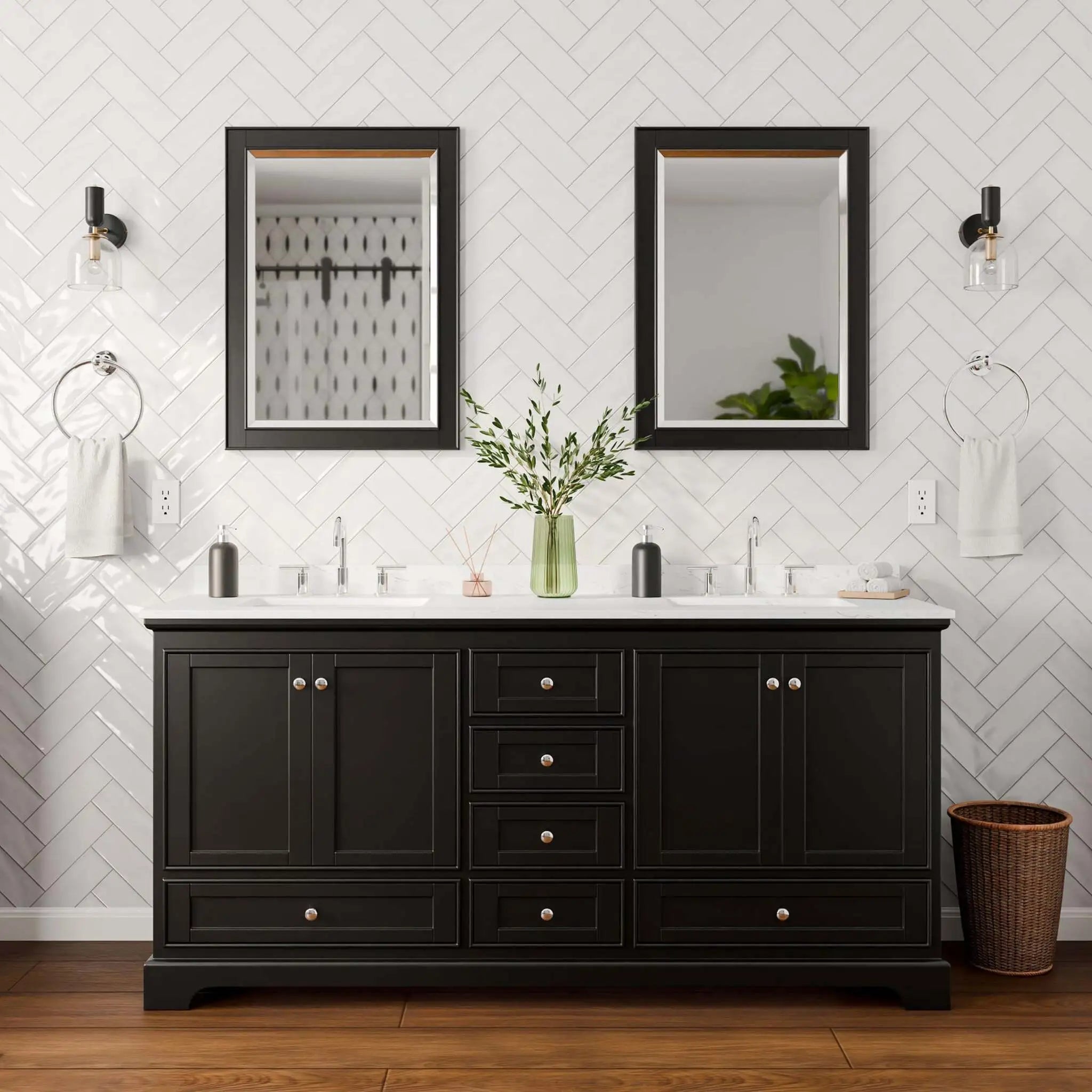 72" Deborah Double Bathroom Vanity in Dark Espresso with Polished Chrome Trim & 24" Mirror by Wyndham