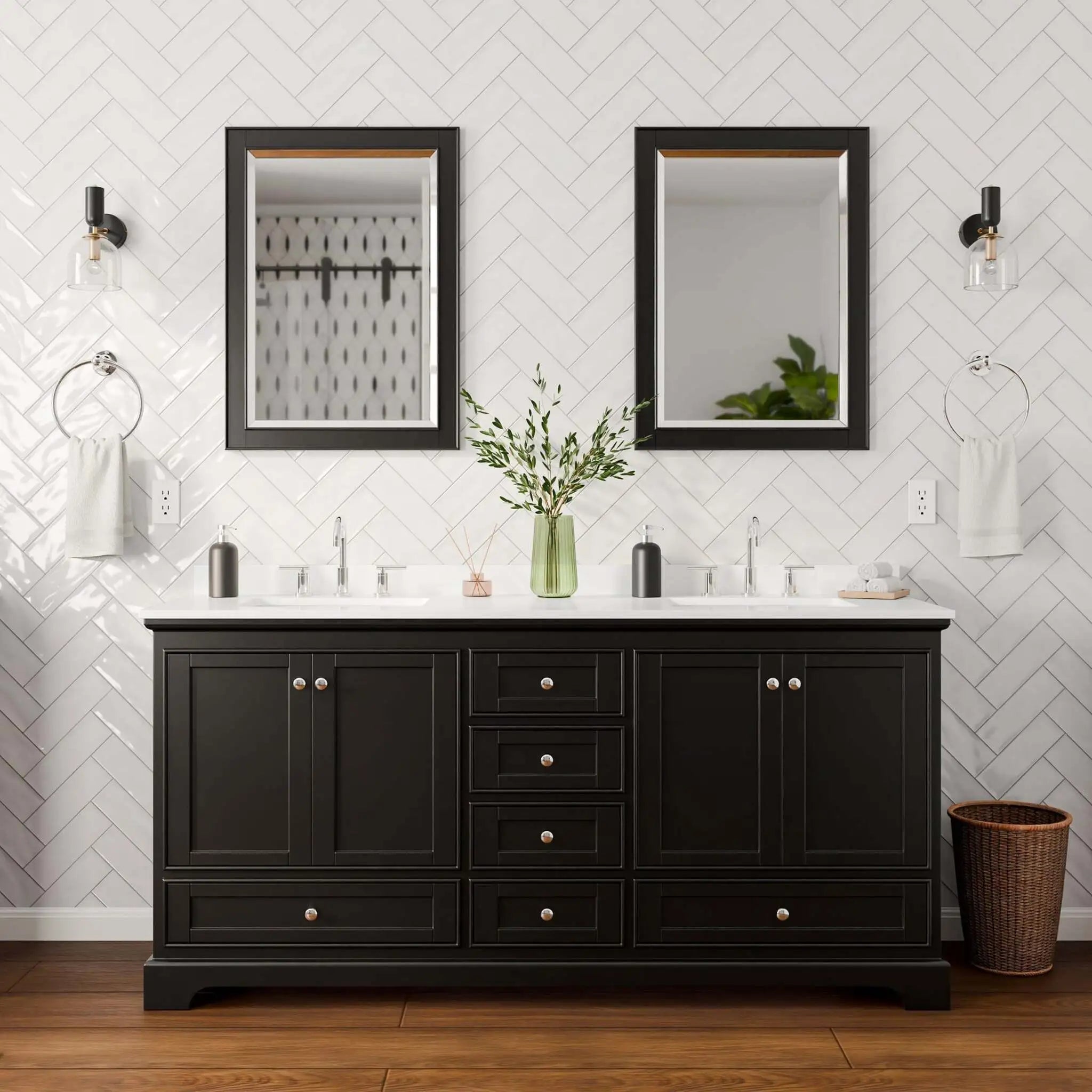 72" Deborah Double Bathroom Vanity in Dark Espresso with Polished Chrome Trim & 24" Mirror by Wyndham