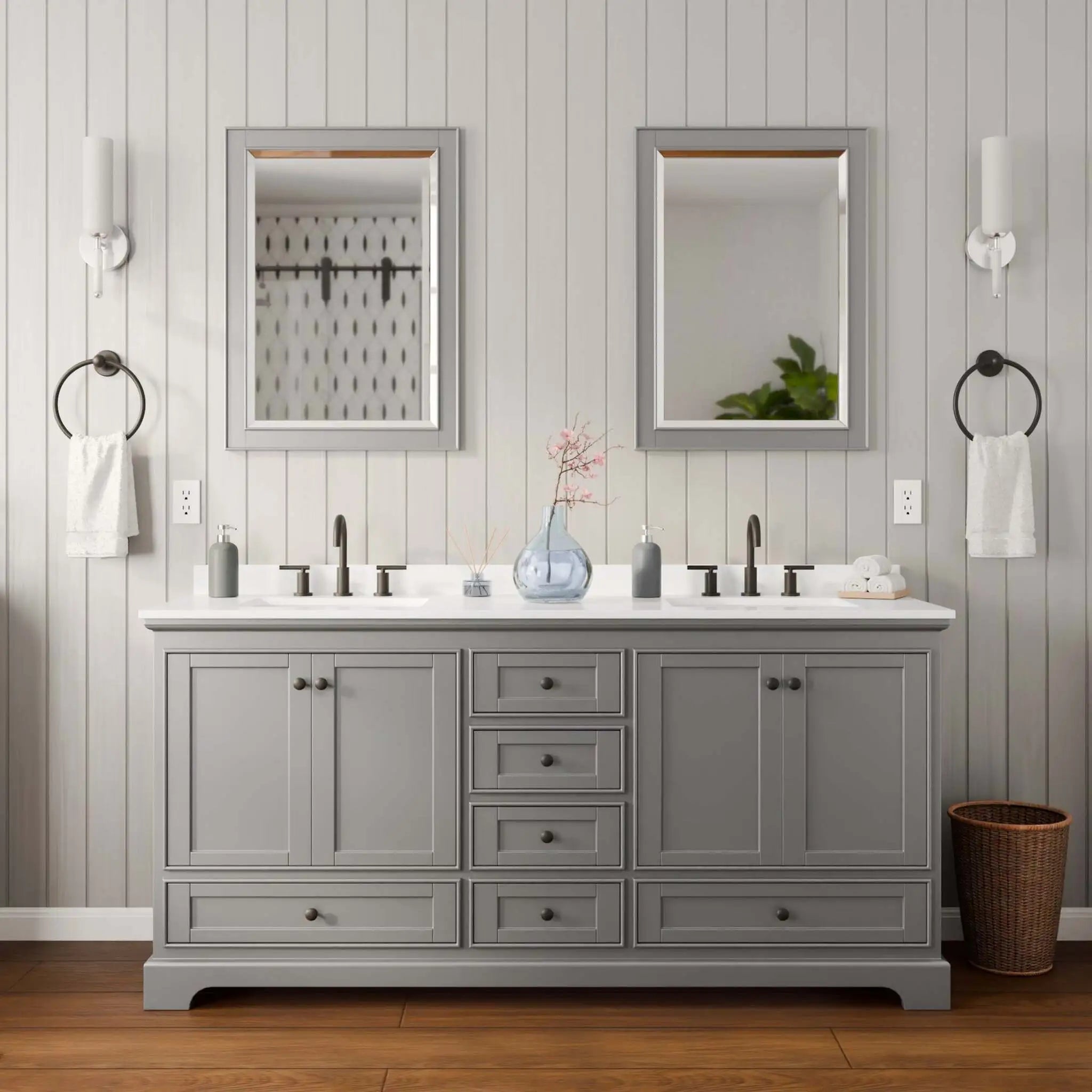 72" Deborah Double Bathroom Vanity in Dark Gray with Matte Black Trim & 24" Mirror by Wyndham