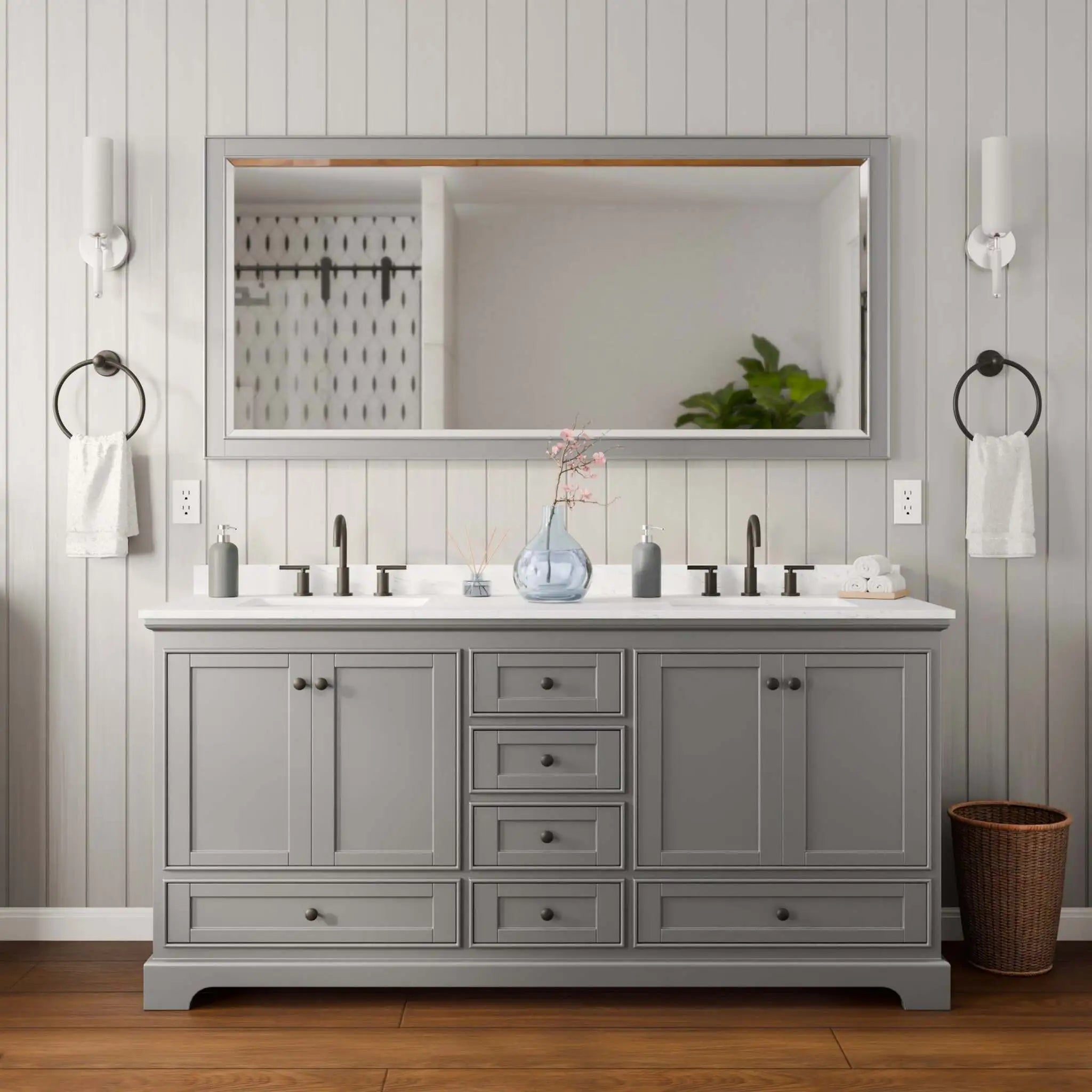 72" Deborah Double Bathroom Vanity in Dark Gray with Matte Black Trim & 70" Mirror by Wyndham