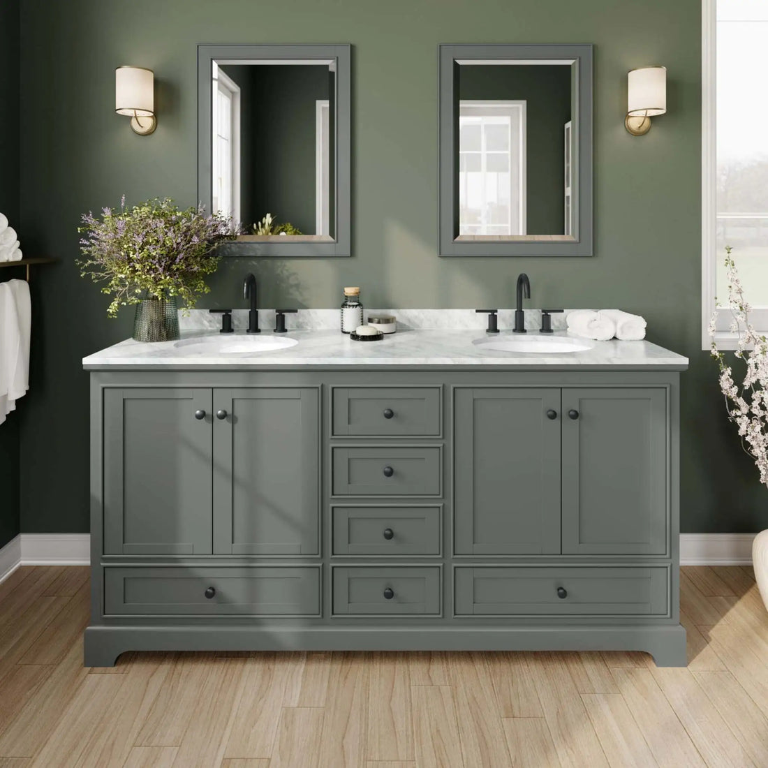 72" Deborah Double Bathroom Vanity in Dark Gray with Matte Black Trim & 70" Mirror by Wyndham