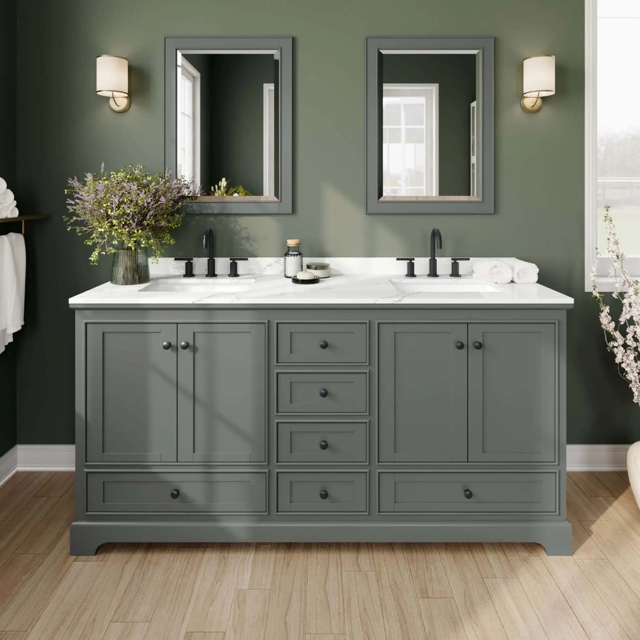 72" Deborah Double Bathroom Vanity in Dark Gray with Matte Black Trim by Wyndham