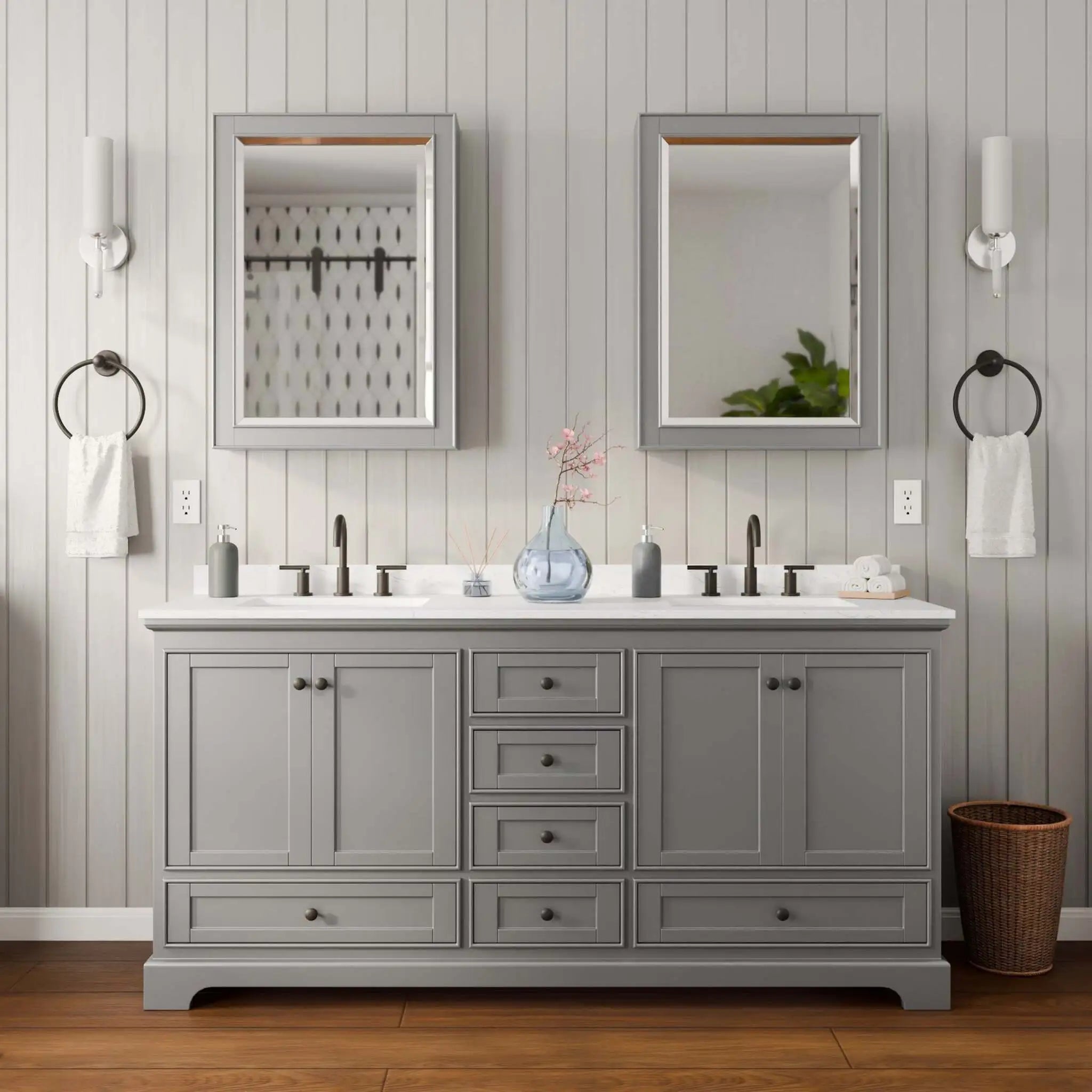 72" Deborah Double Bathroom Vanity in Dark Gray with Matte Black Trim & Medicine Cabinet by Wyndham
