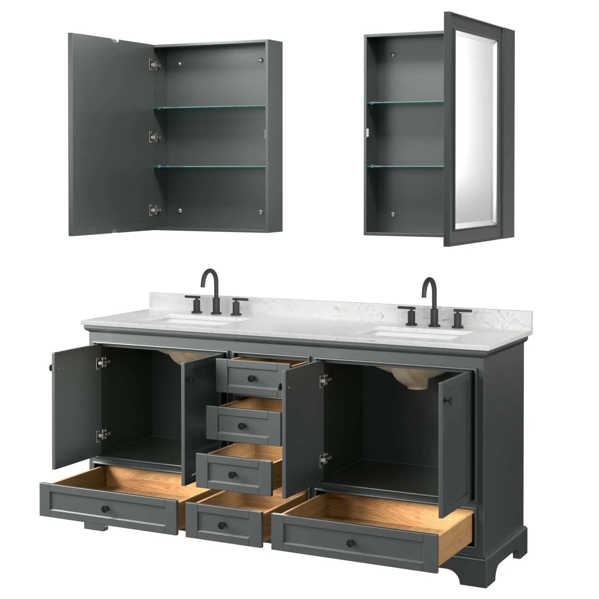72" Deborah Double Bathroom Vanity in Dark Gray with Matte Black Trim & Medicine Cabinet by Wyndham
