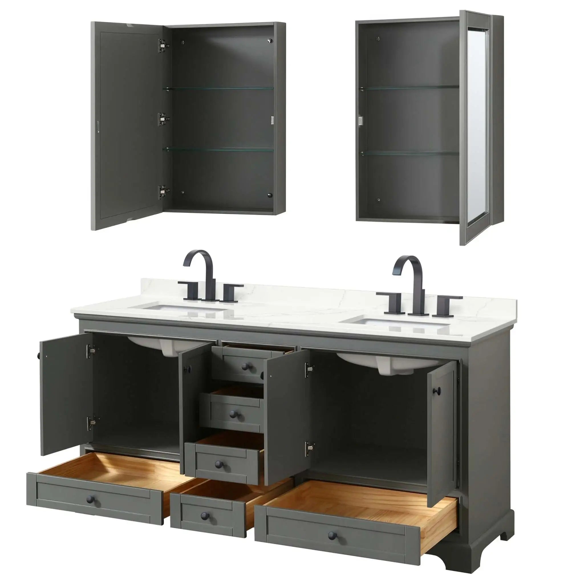 72" Deborah Double Bathroom Vanity in Dark Gray with Matte Black Trim & Medicine Cabinet by Wyndham